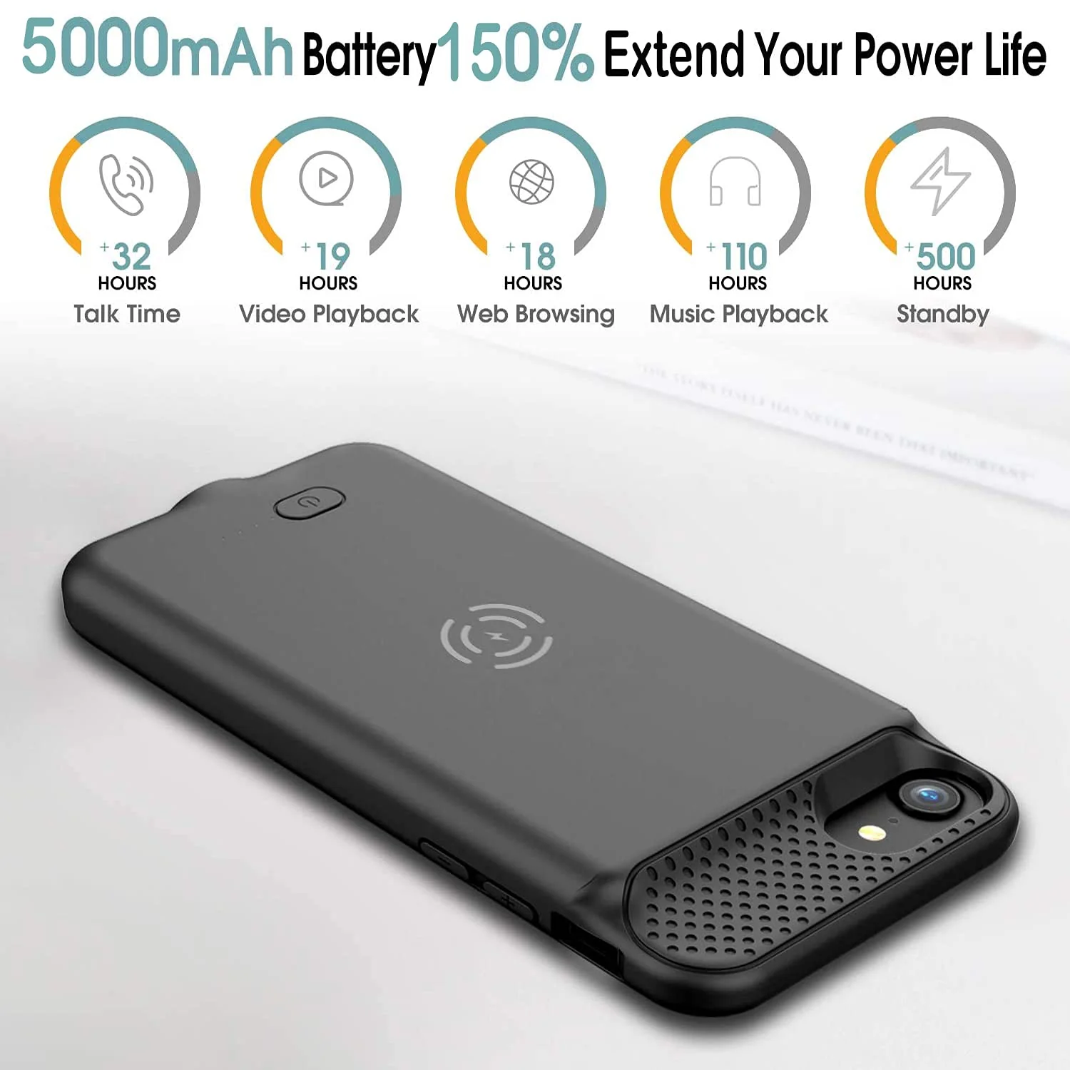 GIN FOXI Wireless Battery Case for iPhone 8/7/6s/6/SE 2020/SE 2022, Slim 5000mAh QI Wireless Charging Battery Case Protective Rechargeable Battery Charging Case for iPhone SE/8/7/6s/6-4.7" Black - Image 4