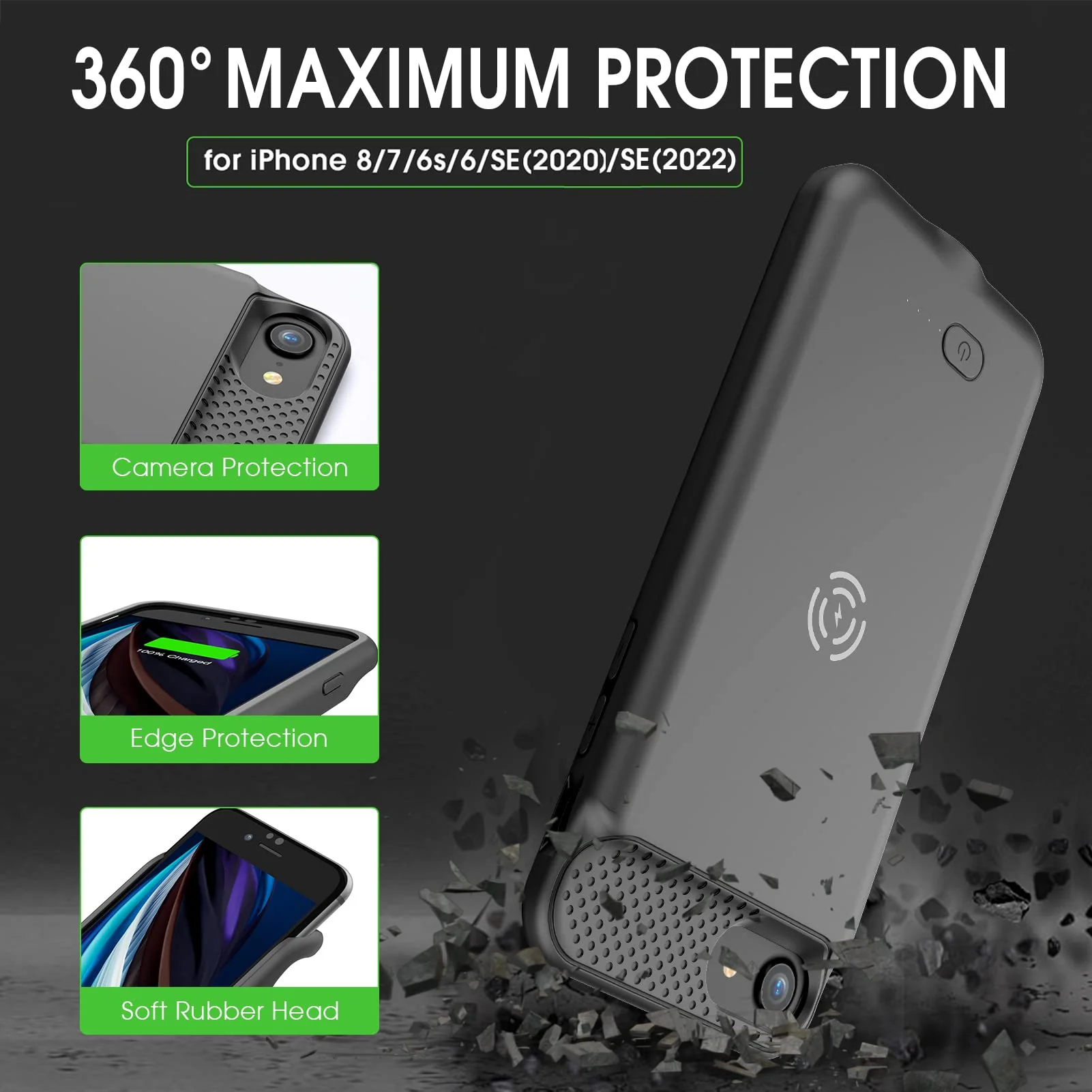 GIN FOXI Wireless Battery Case for iPhone 8/7/6s/6/SE 2020/SE 2022, Slim 5000mAh QI Wireless Charging Battery Case Protective Rechargeable Battery Charging Case for iPhone SE/8/7/6s/6-4.7" Black - Image 5