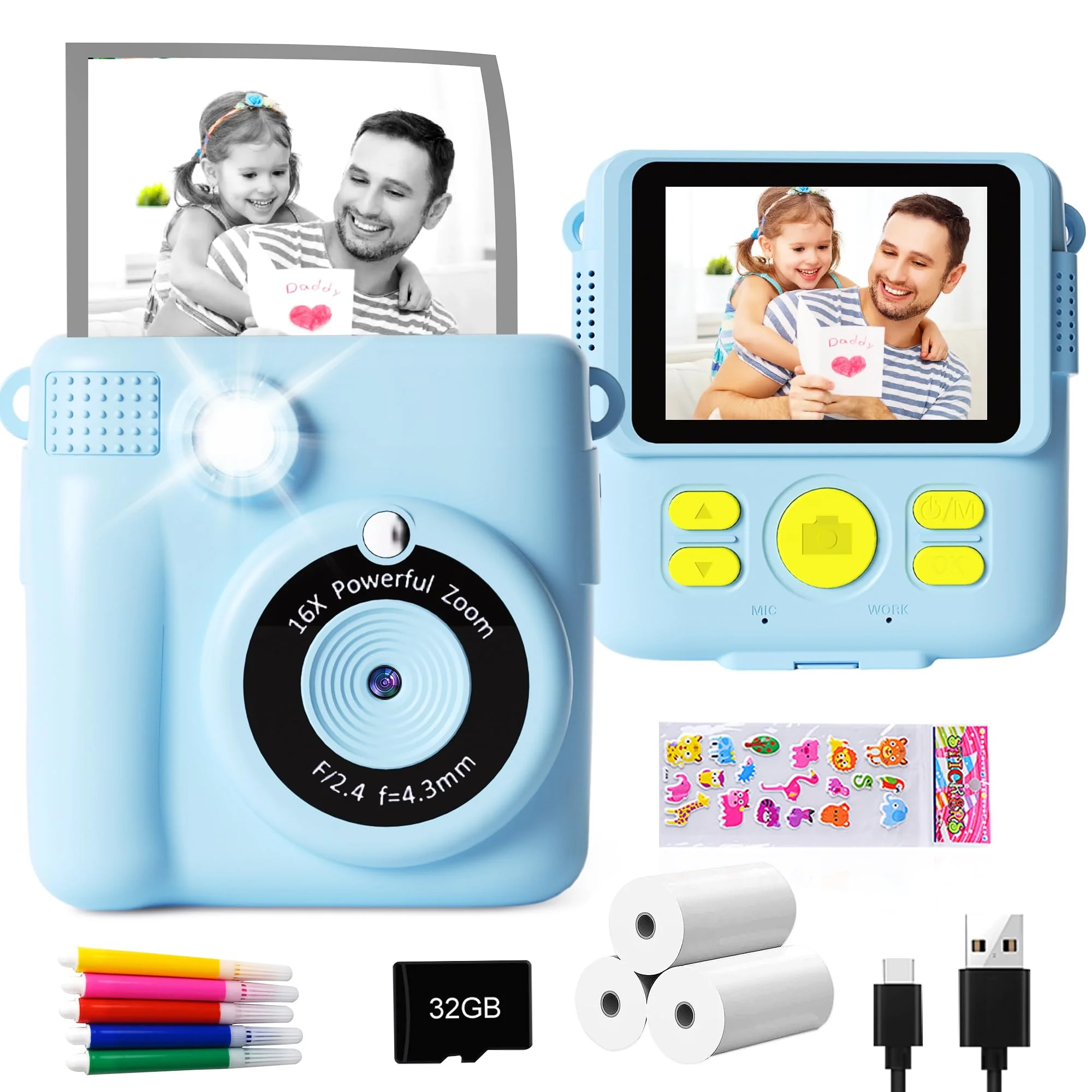 GKTZ Instant Print Camera for Kids - 1080P HD Instant Print Photo - Christmas Birthday Gifts for Age 4 5 6 7 8 9 10 Girls Boys - Portable Toy with 3 Rolls Photo Paper, 32GB Card, 5 Color Pens - Blue