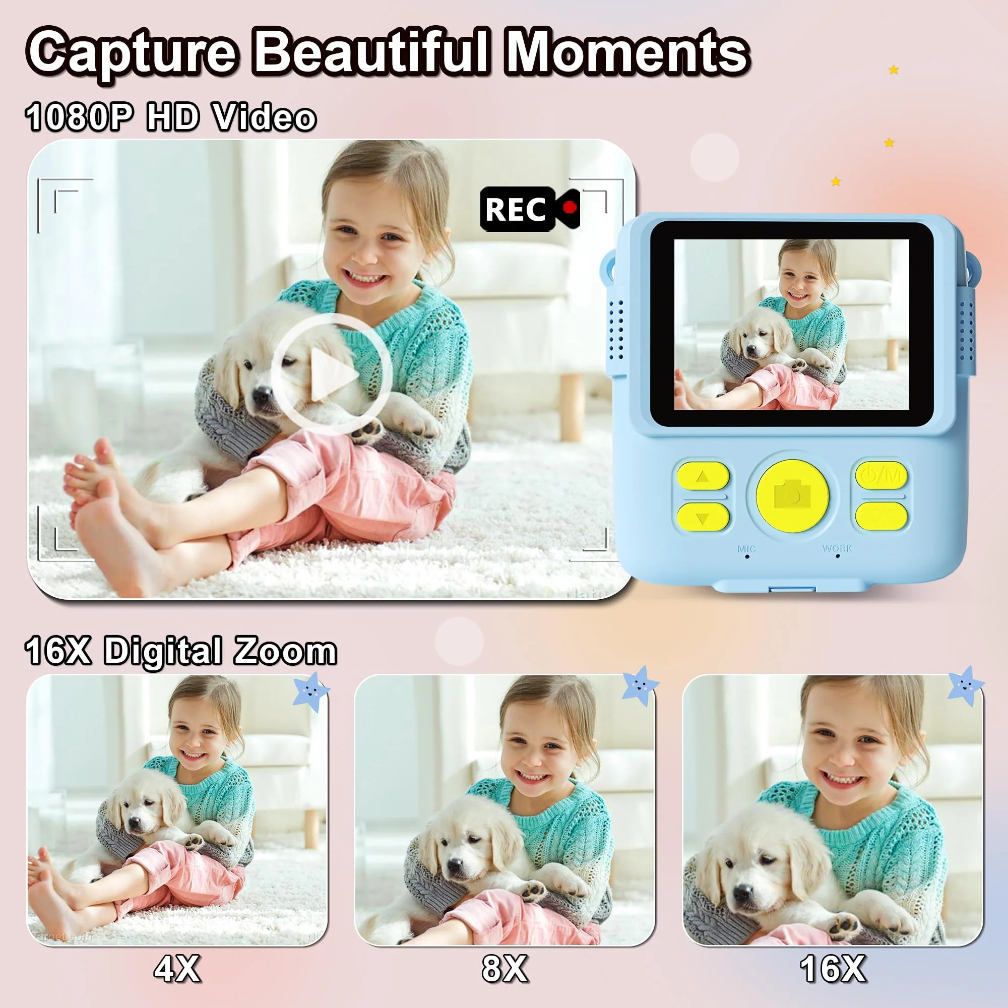 GKTZ Instant Print Camera for Kids - 1080P HD Instant Print Photo - Christmas Birthday Gifts for Age 4 5 6 7 8 9 10 Girls Boys - Portable Toy with 3 Rolls Photo Paper, 32GB Card, 5 Color Pens - Blue - Image 3