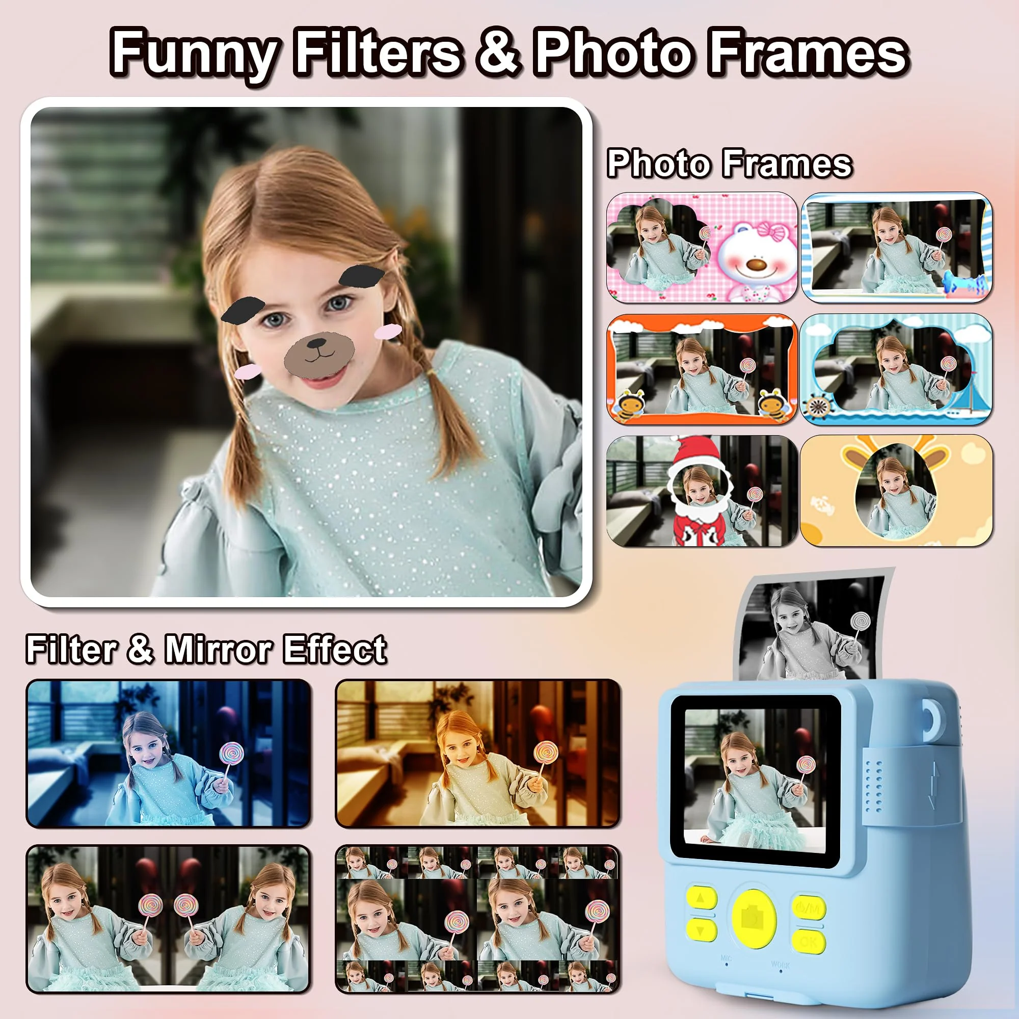 GKTZ Instant Print Camera for Kids - 1080P HD Instant Print Photo - Christmas Birthday Gifts for Age 4 5 6 7 8 9 10 Girls Boys - Portable Toy with 3 Rolls Photo Paper, 32GB Card, 5 Color Pens - Blue - Image 4