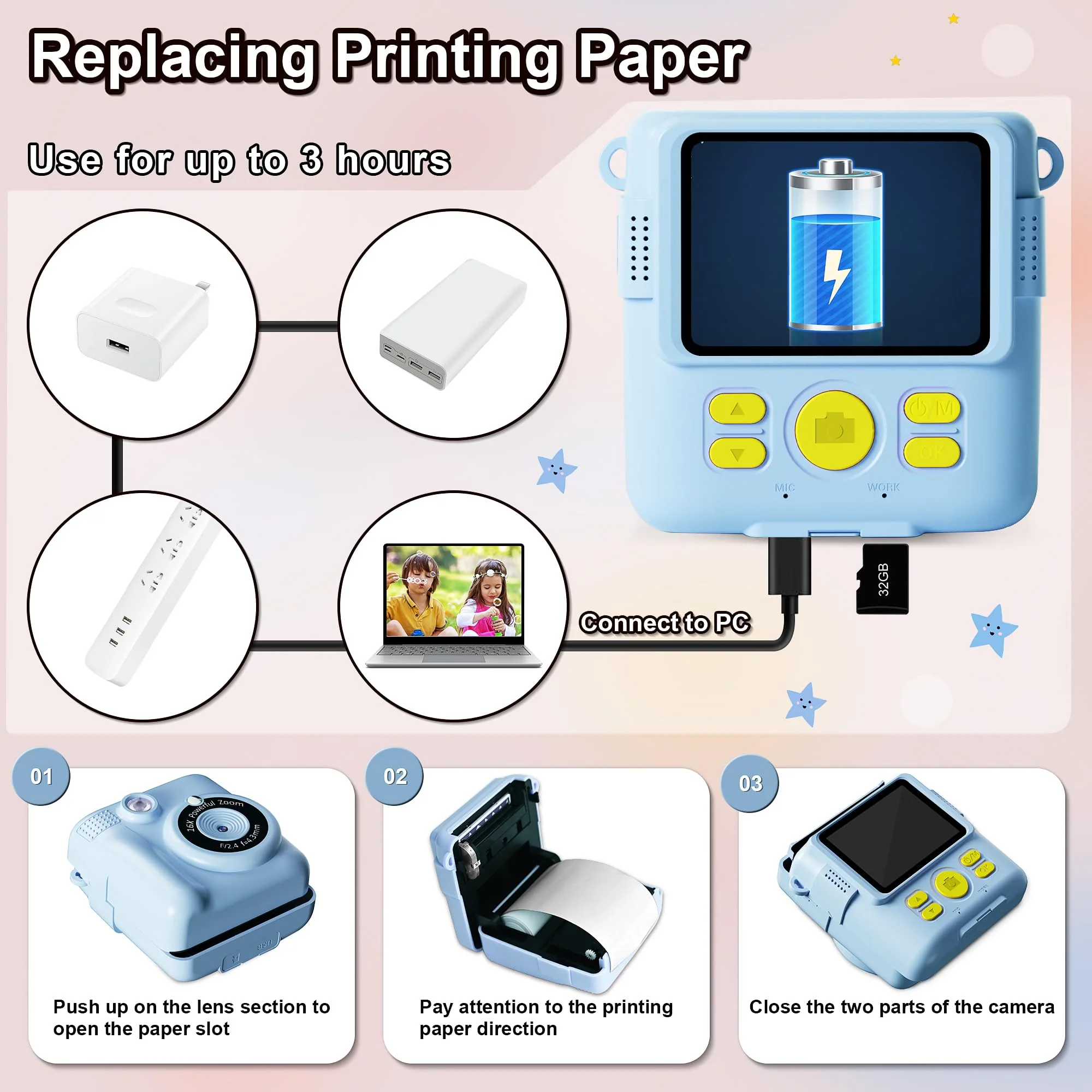 GKTZ Instant Print Camera for Kids - 1080P HD Instant Print Photo - Christmas Birthday Gifts for Age 4 5 6 7 8 9 10 Girls Boys - Portable Toy with 3 Rolls Photo Paper, 32GB Card, 5 Color Pens - Blue - Image 6