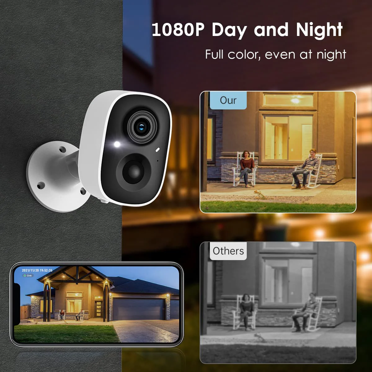 GMK Security Camera Wireless Outdoor, 1080P Color Night Vision AI Motion Detection 2-Way Talk Battery Powered WiFi Home Indoor Camera IP65 Weatherproof Spotlight Siren Alarm Cloud/SD Storage White - Image 2