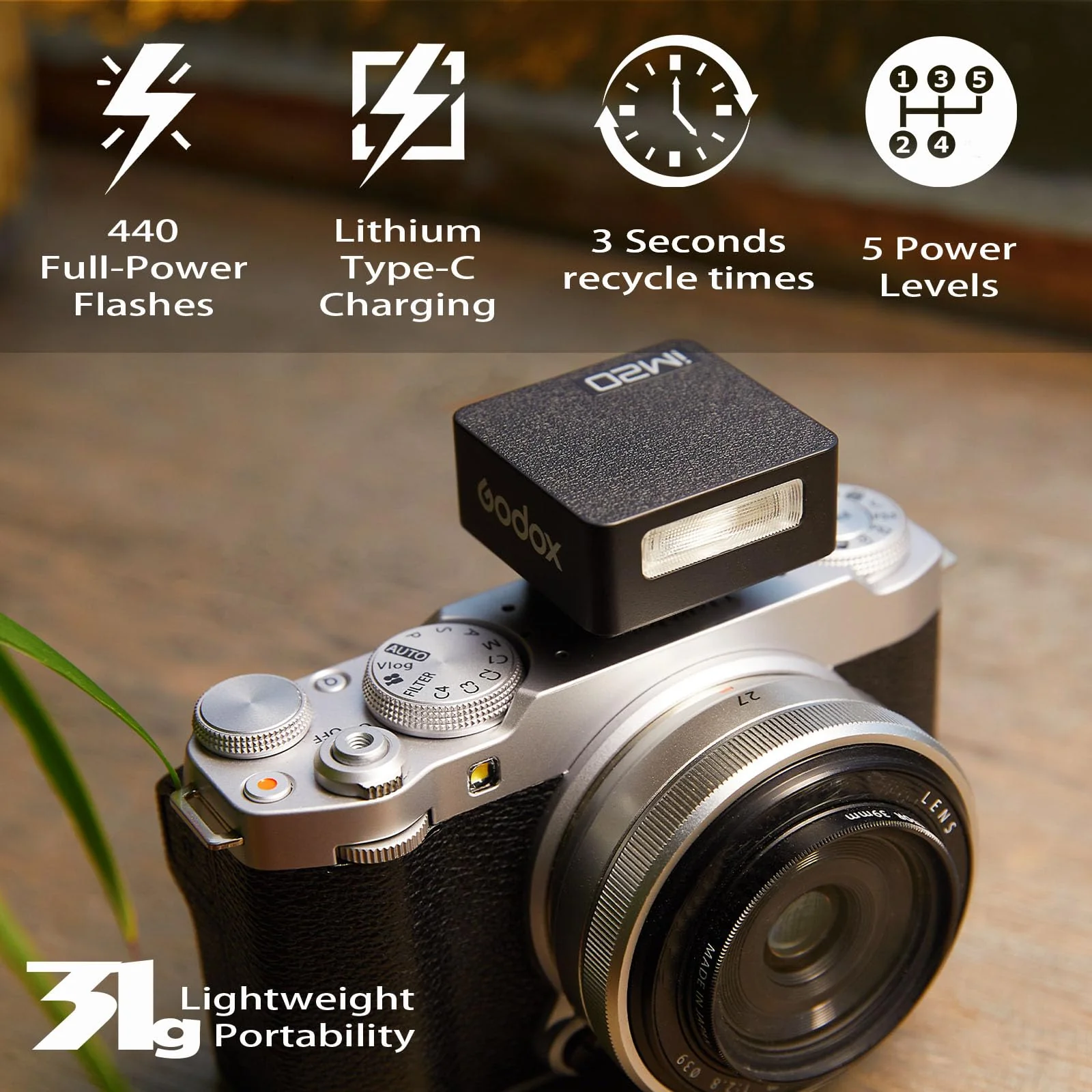 Godox Flash Godox iM20 Camera Flash - Godox iM20 Mini Flash Manual 440 Full-Power Flashes/3s Recycle Times/5 Power Levels, Camera Flash for Sony zve10/Sony zv1/Sony a7iii/Ricoh gr3/Fujifilm f1 etc. - Image 2