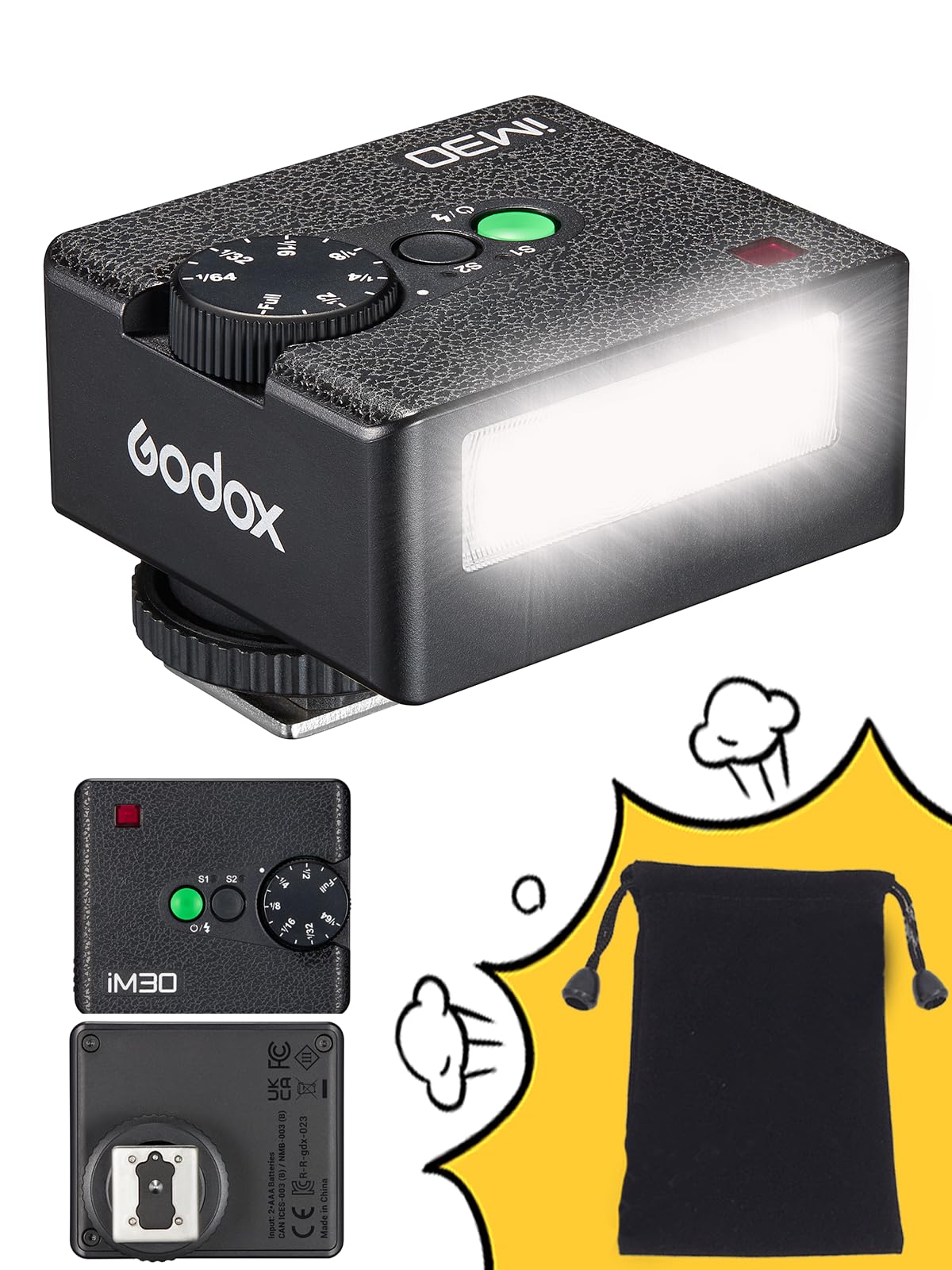 Godox Flash Godox iM30 Mini Flash - Camera Flash GN 15, 7 Power Levels, IM 30 Mini Manual Flash for Canon/Sony zv1/Sony zve10 /Ricoh gr3/Nikon/Fuji f1-230 Full-Power Flashes/6500K±200K/3.6S Recycle
