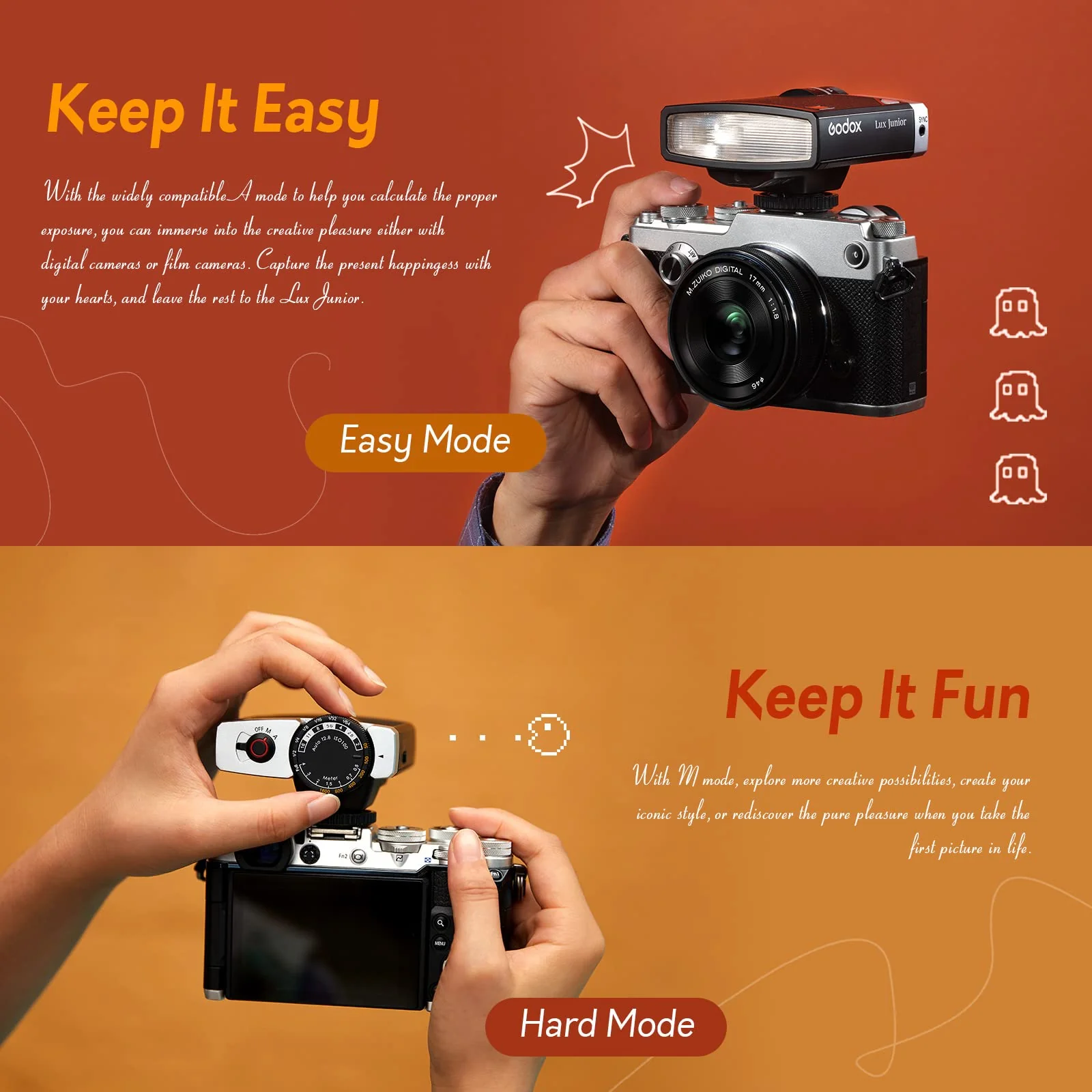 Godox Lux Junior Retro Camera Flash,GN12 6000K±200K CCT,Auto & Manual Modes 1/1-1/64 Flash Power,28mm Focal Length,for Fujifilm,for Canon,for Nikon, for Olympus, for Sony Camera - Image 4