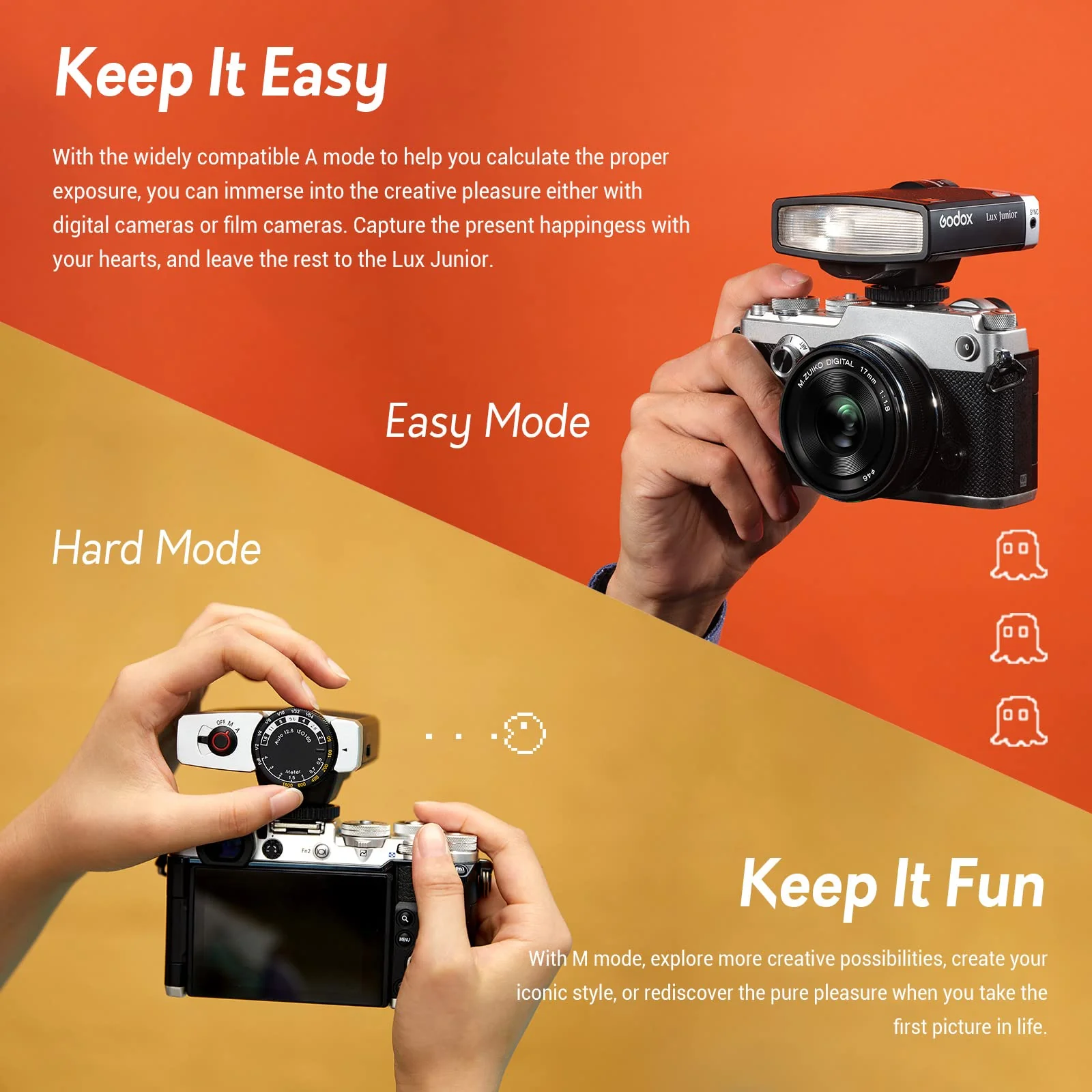 Godox Lux Junior Retro Camera Flash, GN12 6000K±200K CCT,Auto & Manual Modes 1/1-1/64 Flash Power, S1/S2 Optical Control for Fuji, for Canon, for Nikon, for Sony, for Olympus Camera - Image 6