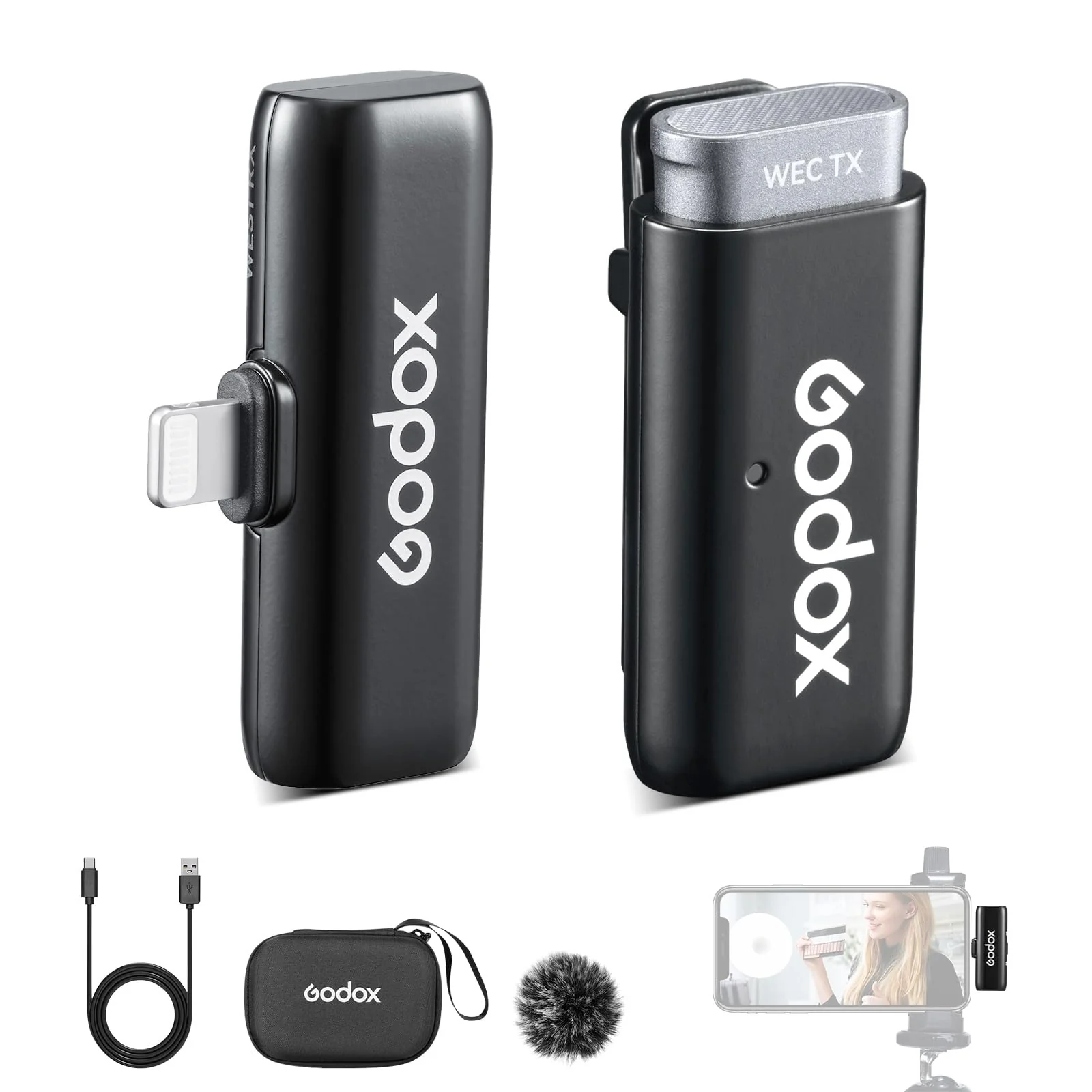GODOX WES1 Kit1 Wireless Microphone for iPhone iPad, 2.4GHz Wireless MFi Certified Lavalier Mic, Plug and Play, Noise Cancelling,656ft, 7g Lightweight for Vlogs/Interviews/Live(1TX + 1RX(Lightning))