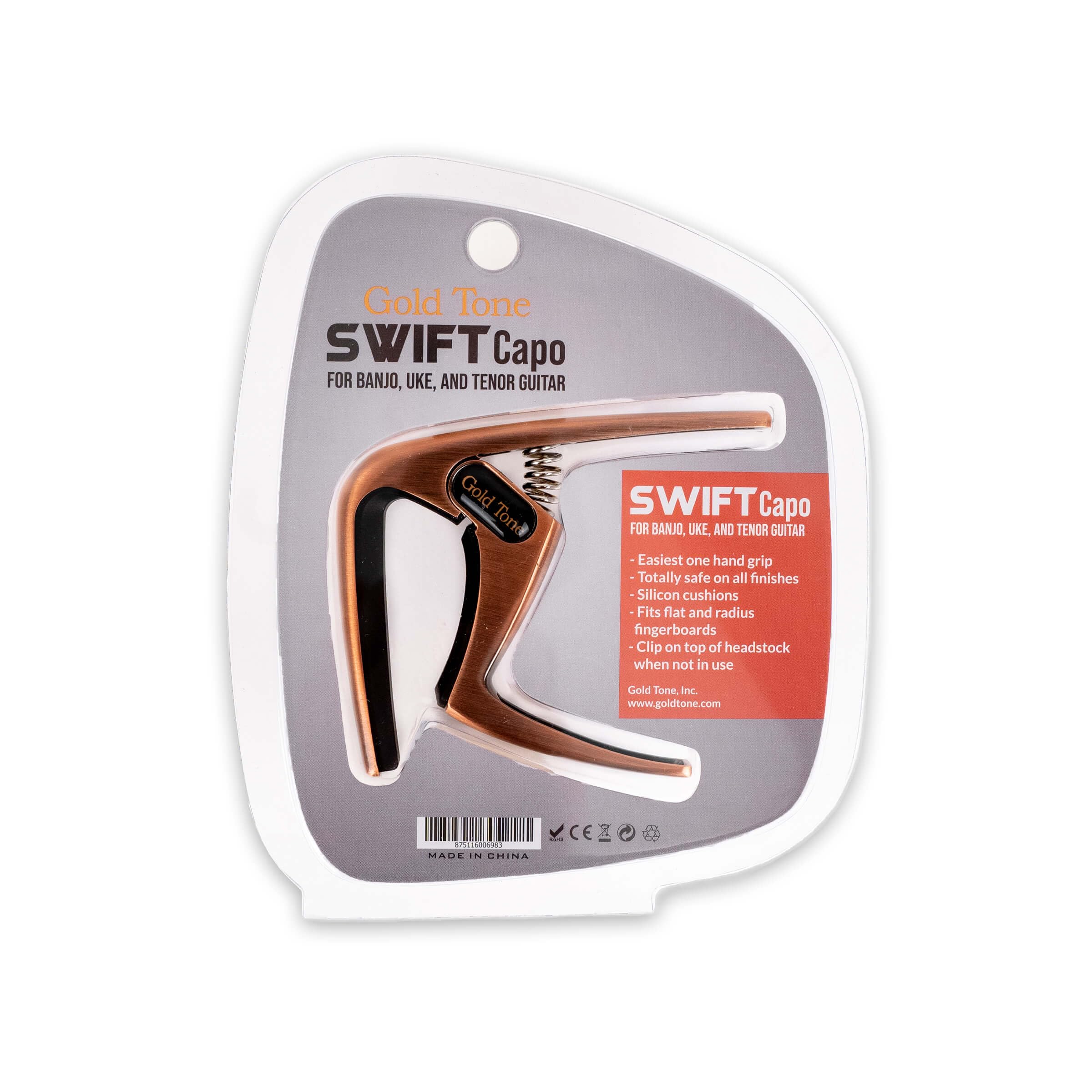 Gold Tone Swift Capo for Banjo, Ukulele, Mandolin, Tenor Guitar - Radiused or Flat (Copper) Copper - Image 5