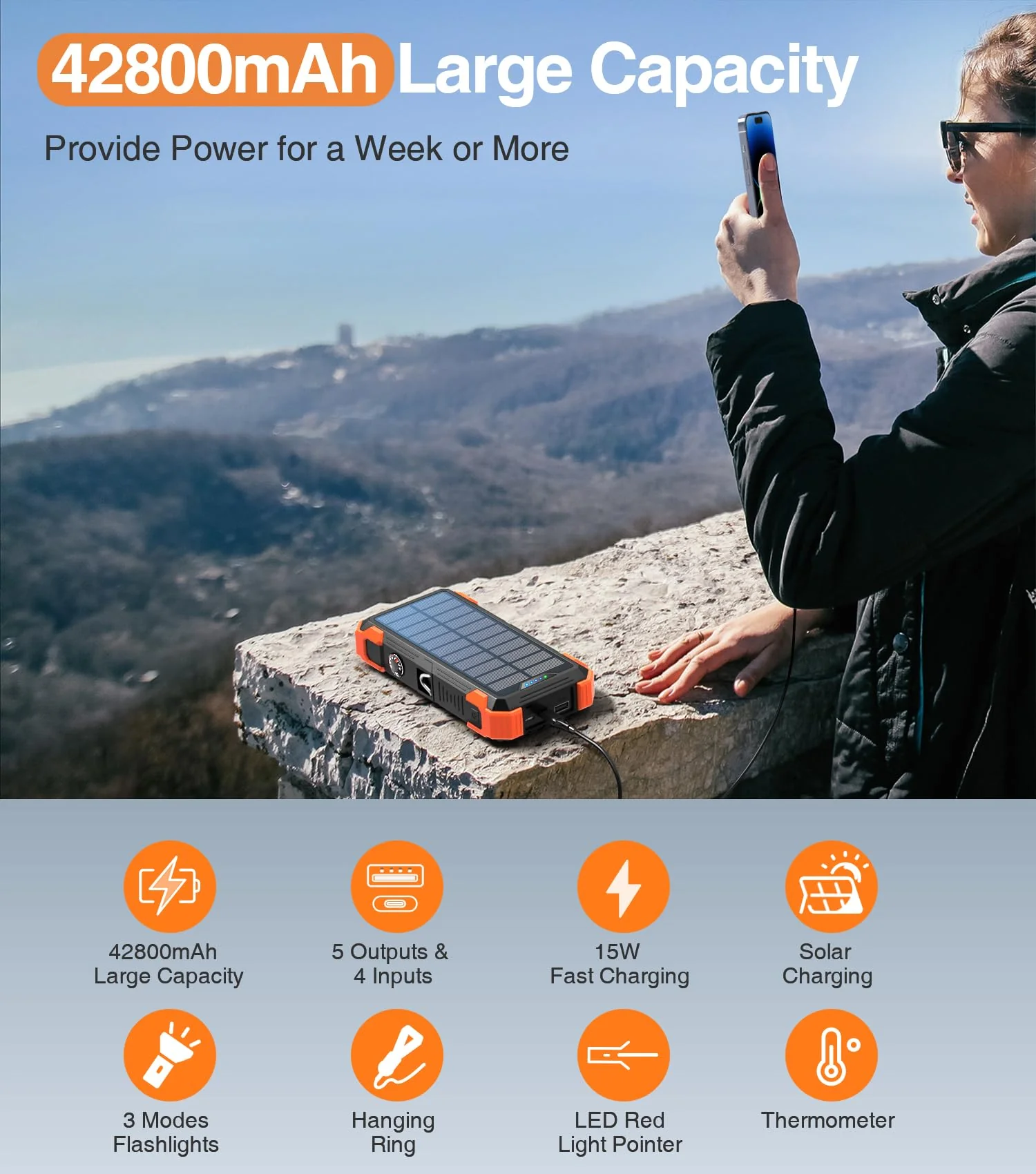 GOODaaa Power Bank Portable Charger 42800mAh Built in 4 Cables and Thermometer 15W Fast Charging Power Bank Five Outputs Three Inputs Solar Charger Power Bank, SOS/Strobe/Strong Flashlights, Carabiner Orange - Image 2