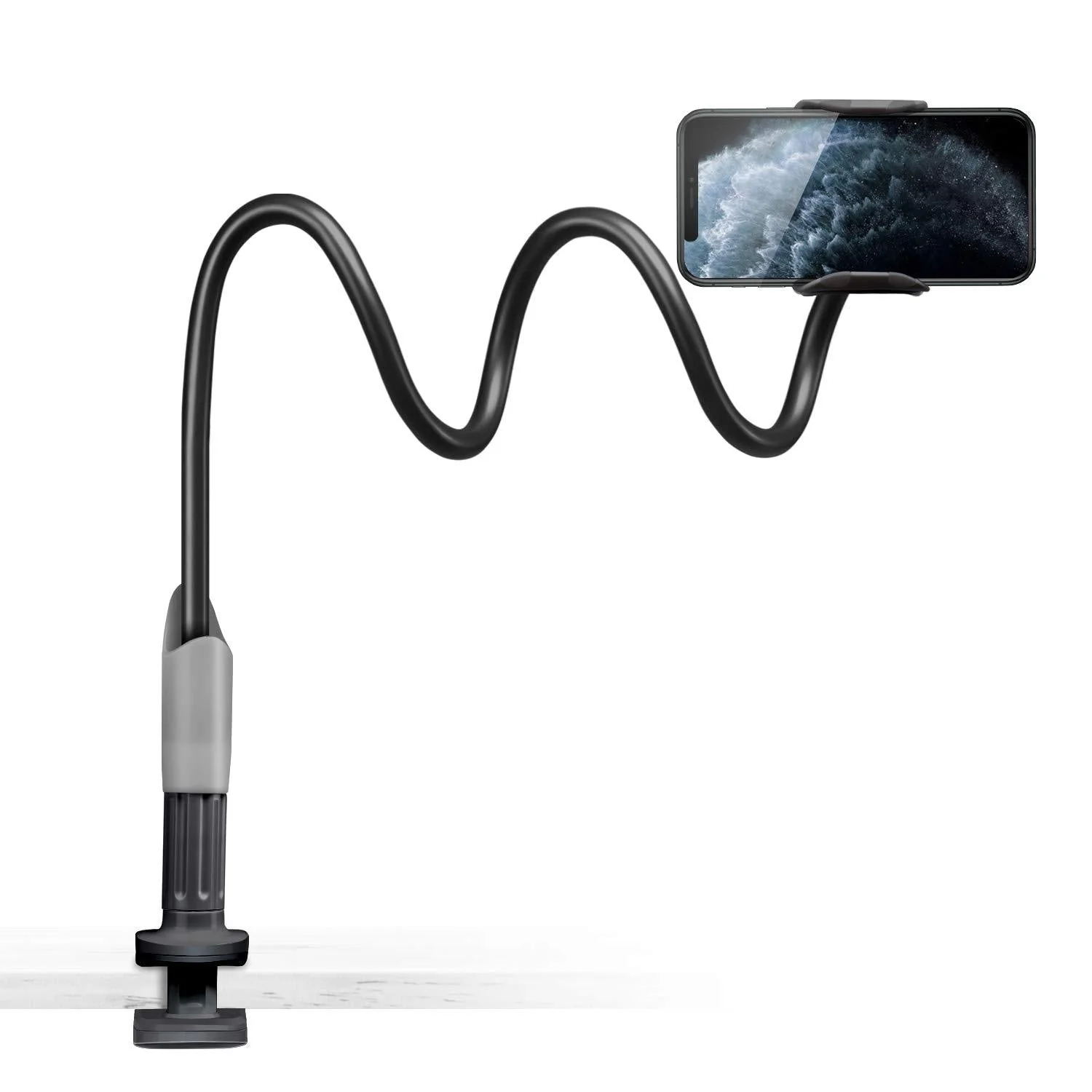 Gooseneck Bed Phone Holder, SAIJI Flexible Long Arm Phone Mount for Desk, Clip Bracket Clamp Stand for 4.0-6.5'' Mobile Cell Phone Stand Document Camera Nintendo Switch (Black) black