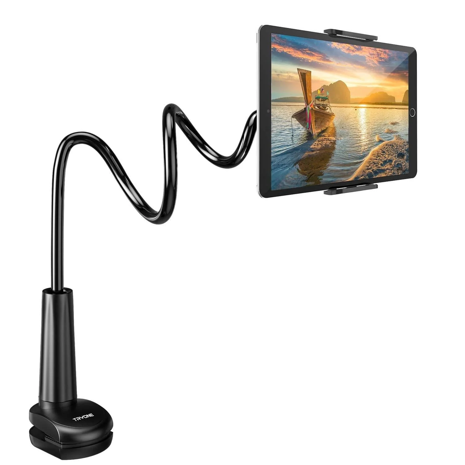 Gooseneck Tablet Holder Stand for Bed: Tryone Adjustable Flexible Arm Tablets Mount Clamp on Table Compatible with iPad Air Mini | Galaxy Tabs | Kindle Fire | Switch or Other 4.7 -10.5" Devices 01-Black
