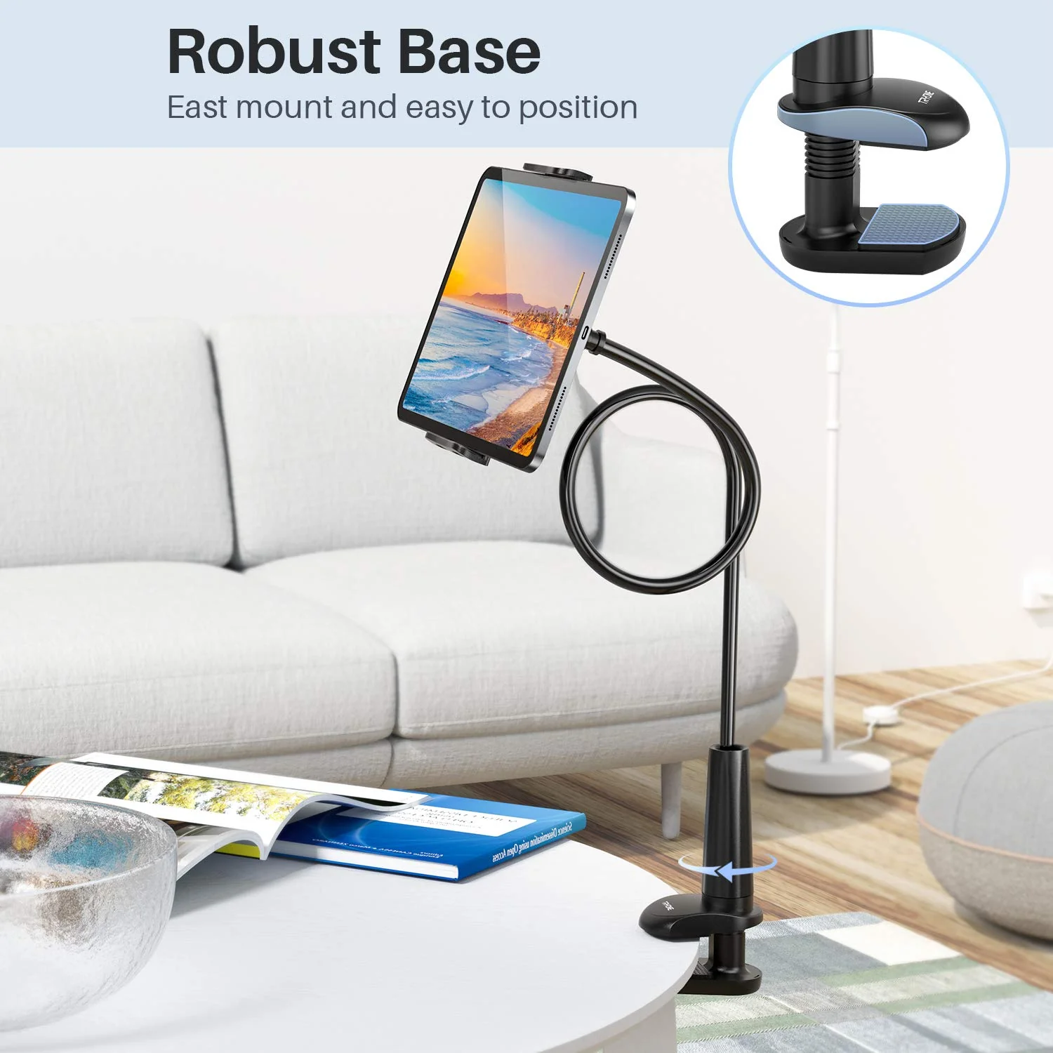 Gooseneck Tablet Holder Stand for Bed: Tryone Adjustable Flexible Arm Tablets Mount Clamp on Table Compatible with iPad Air Mini | Galaxy Tabs | Kindle Fire | Switch or Other 4.7 -10.5" Devices 01-Black - Image 5
