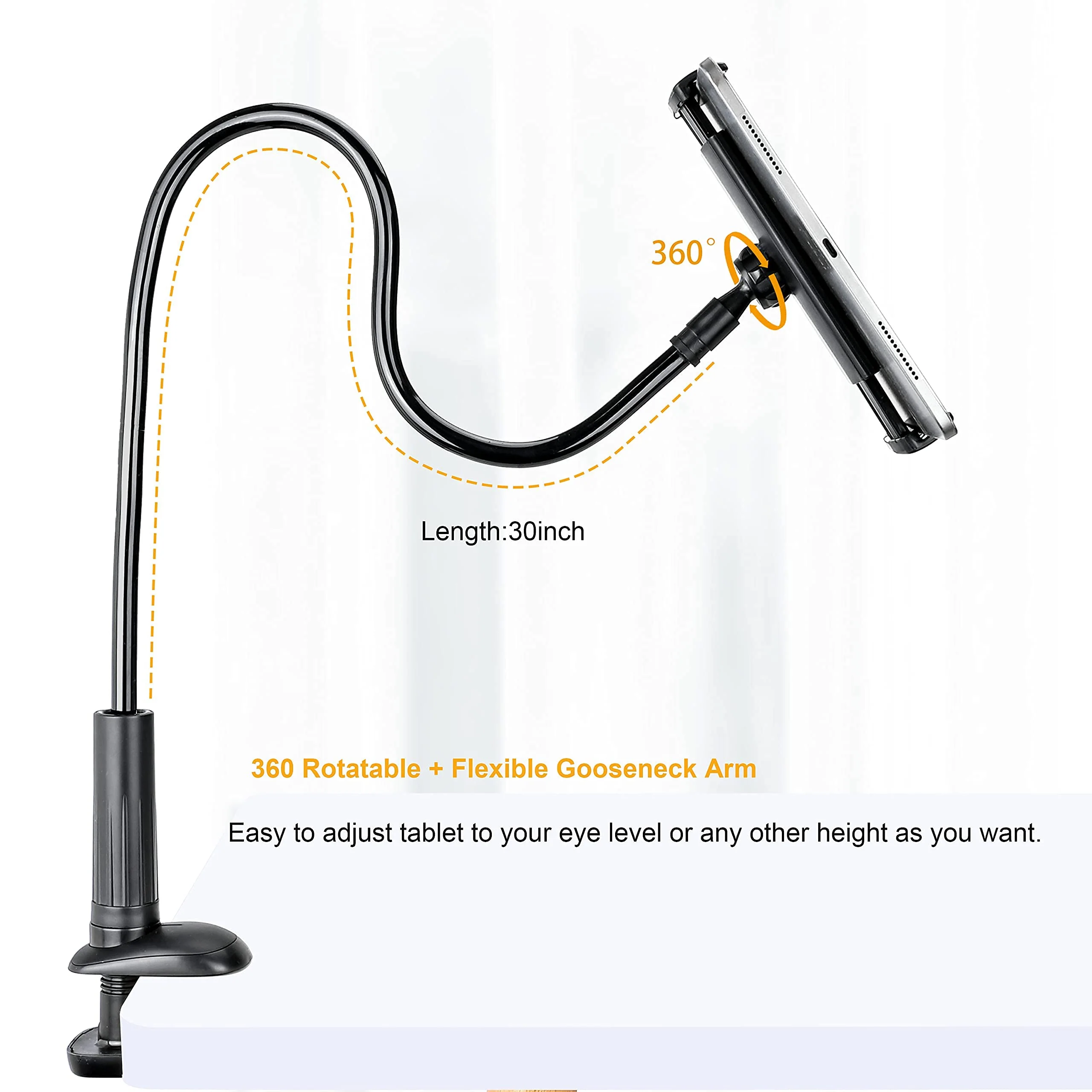 Gooseneck Tablet Phone Holder, SRMATE Tablet Stand with Flexible Long Arm Clamp Clip Mount for iPhone, iPad, Switch, Samsung Galaxy Tabs, Kindle Fire for Bed Desk, 30 in (Black) Black - Image 4