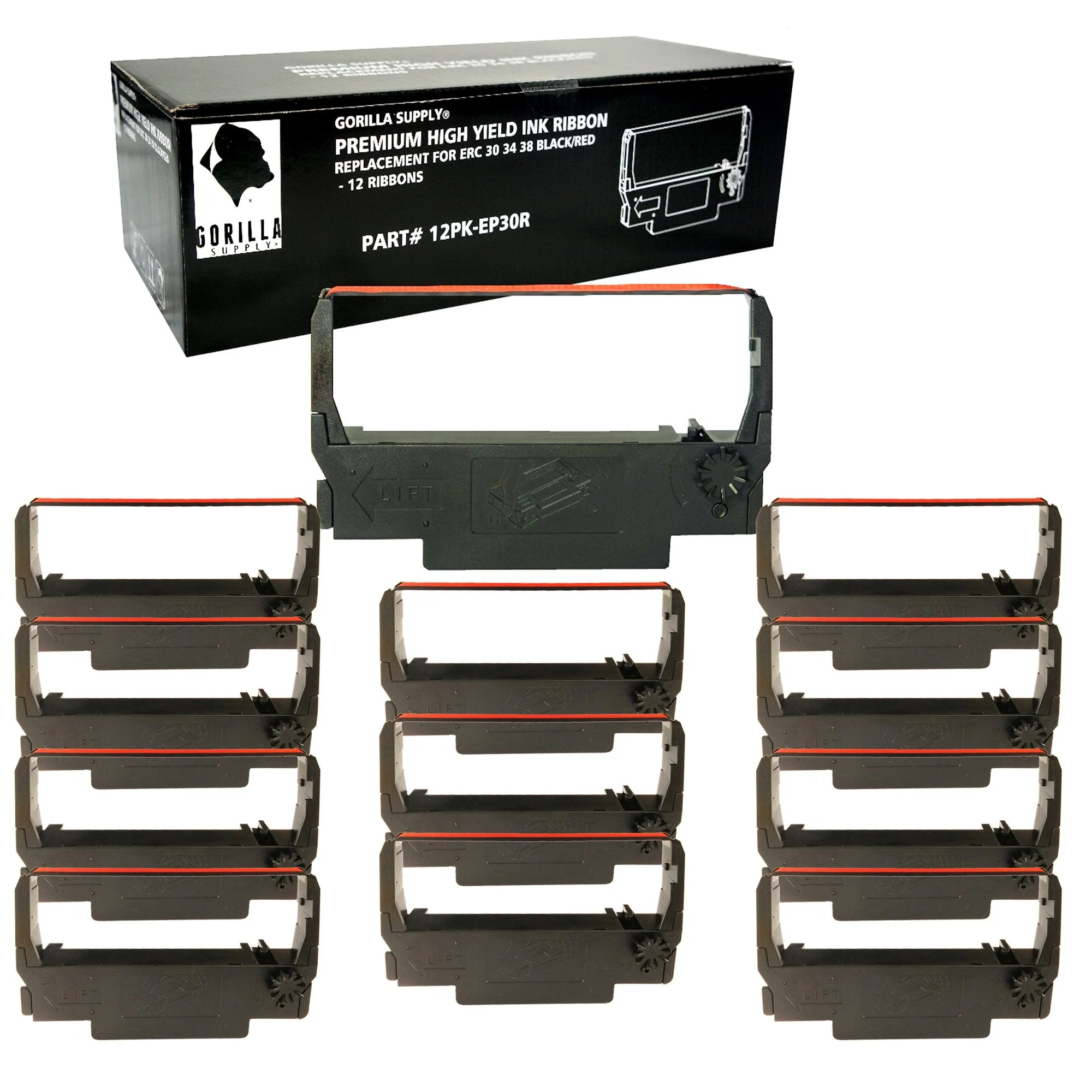 GORILLA SUPPLY Compatible Ink Ribbon Replacement for ERC 30 34 38 B/R ERC38 NK506, Compatible for POS Receipt Printers, Sealed Individual Pack, 12-Packs (Black/Red) 12-Pack