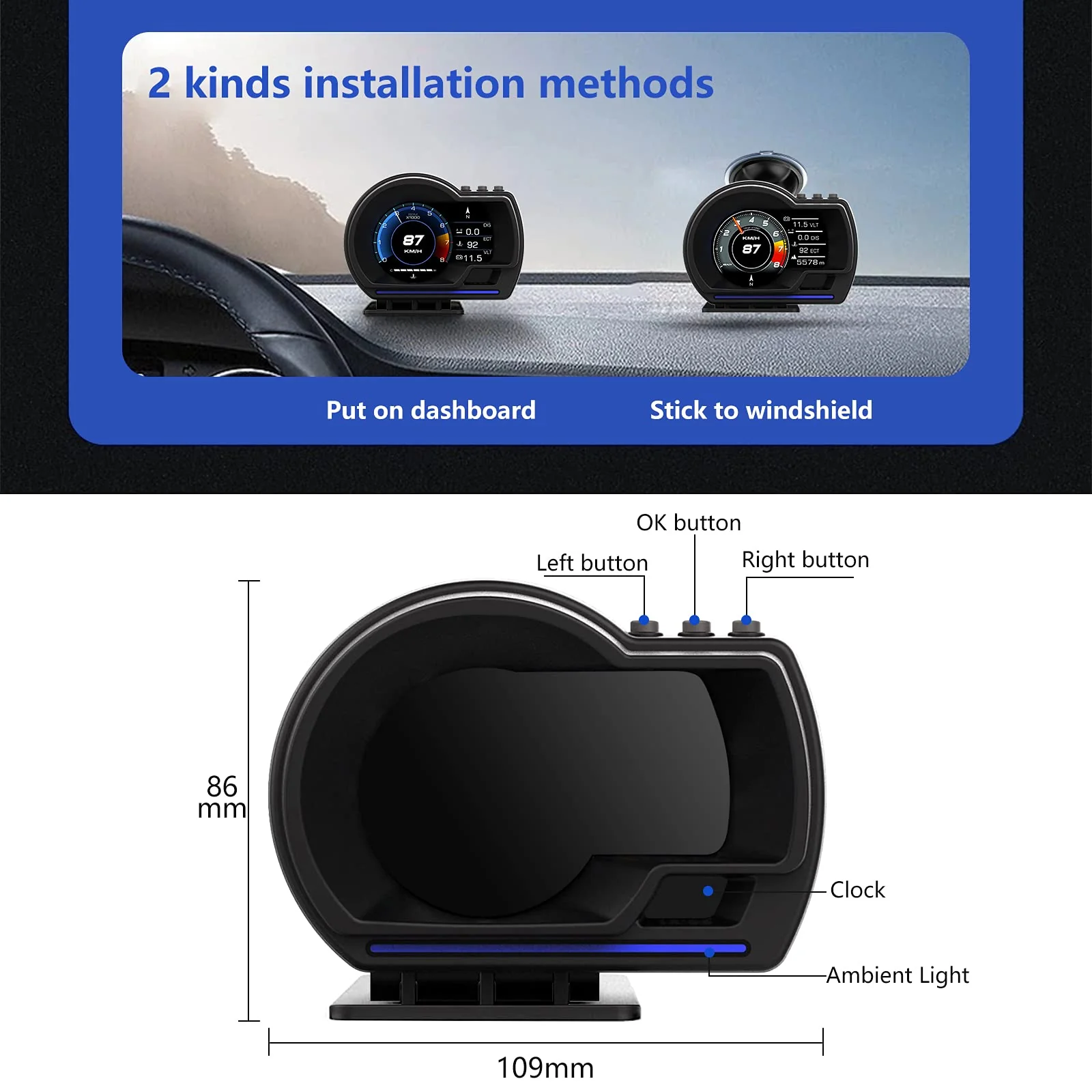 GPS Speedometer for Car, Head Up Display for Car with OBD2 & GPS Digital Speedometer Dual System HUD Car Speedometer MPH with Mileage, Water Tem, Vlt, Mileage, Overspeed & Fatigue Driving Alarm, RPM - Image 6
