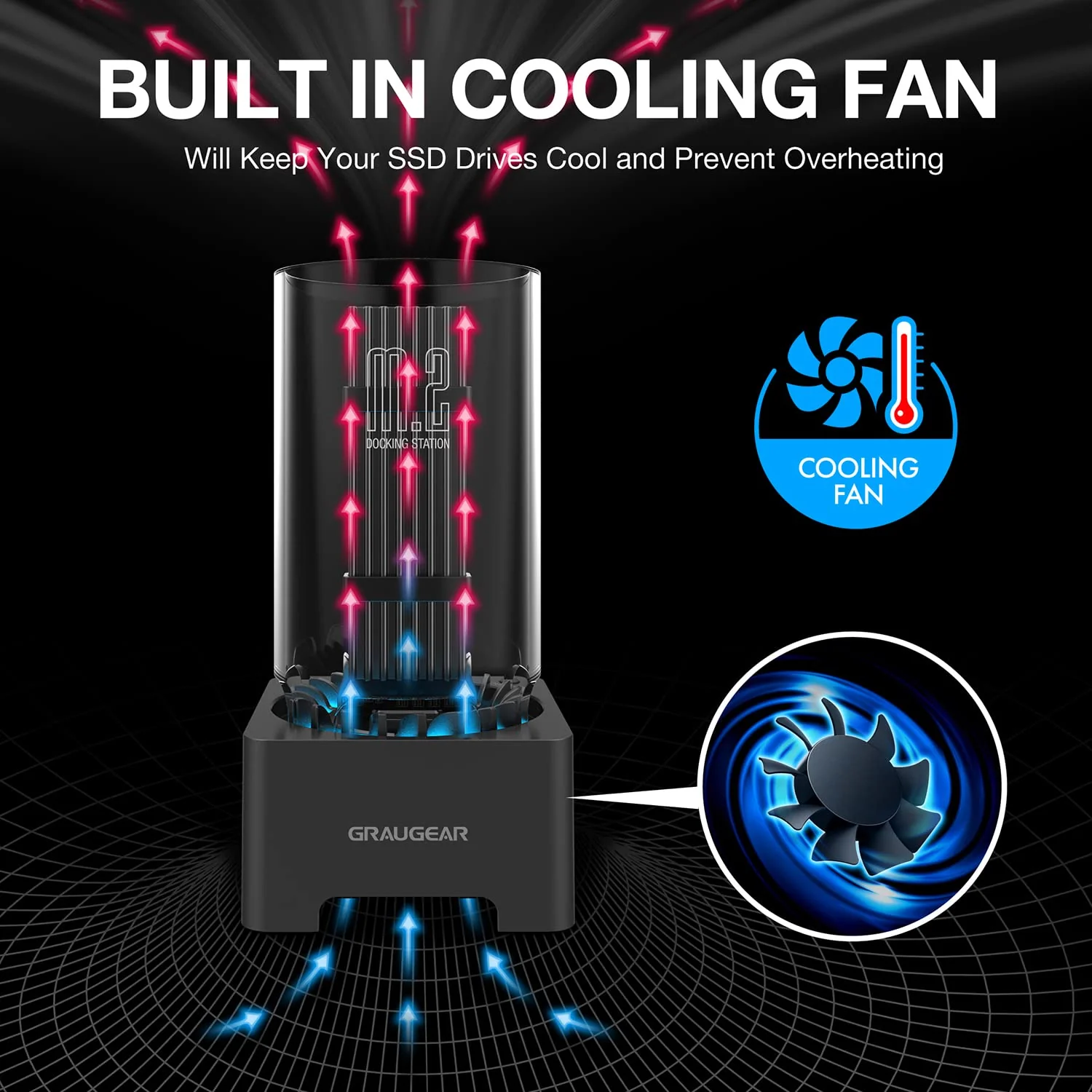 GRAUGEAR M.2 NVMe SATA SSD Enclosure Docking Station, USB 3.2 Gen 2 10Gbps External Docking Base with Cooling Fan, UASP Trim Support, M2 PCIe NGFF M Key B+M Key, RTL9210B Chip [G-M2DK-AC-10G] - Image 2