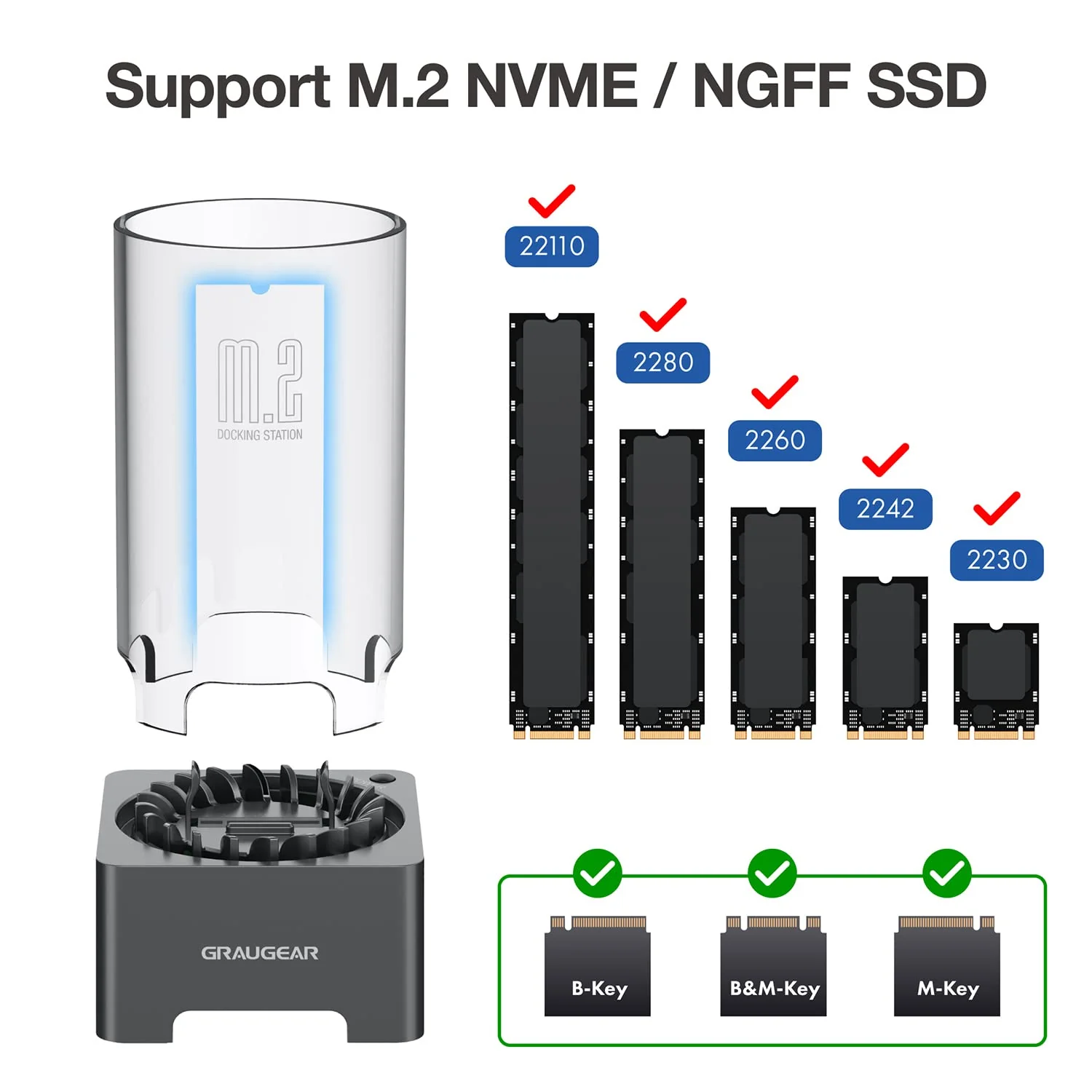 GRAUGEAR M.2 NVMe SATA SSD Enclosure Docking Station, USB 3.2 Gen 2 10Gbps External Docking Base with Cooling Fan, UASP Trim Support, M2 PCIe NGFF M Key B+M Key, RTL9210B Chip [G-M2DK-AC-10G] - Image 3