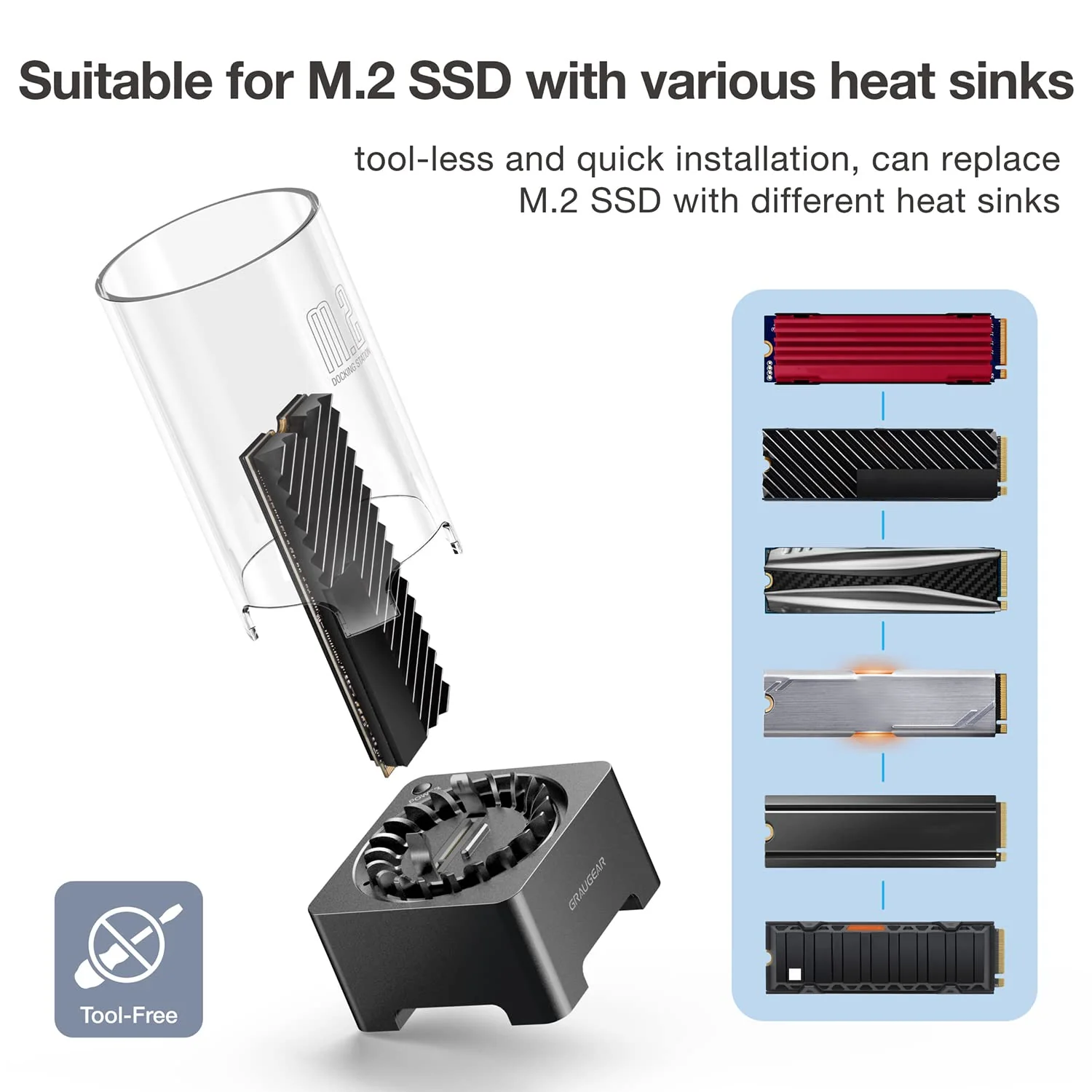 GRAUGEAR M.2 NVMe SATA SSD Enclosure Docking Station, USB 3.2 Gen 2 10Gbps External Docking Base with Cooling Fan, UASP Trim Support, M2 PCIe NGFF M Key B+M Key, RTL9210B Chip [G-M2DK-AC-10G] - Image 5