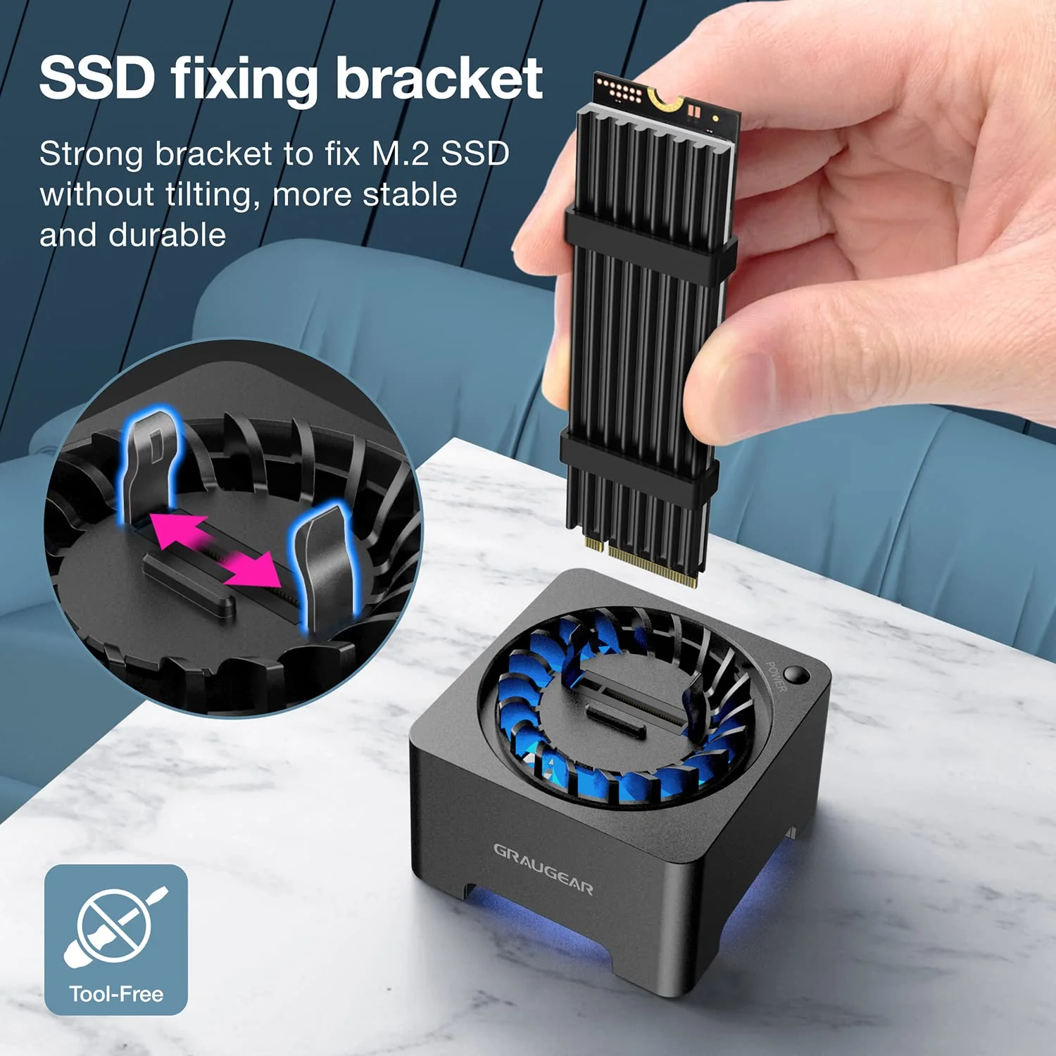 GRAUGEAR M.2 NVMe SATA SSD Enclosure Docking Station, USB 3.2 Gen 2 10Gbps External Docking Base with Cooling Fan, UASP Trim Support, M2 PCIe NGFF M Key B+M Key, RTL9210B Chip [G-M2DK-AC-10G] - Image 6