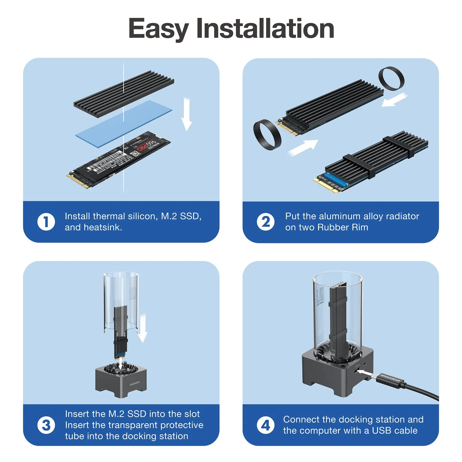 GRAUGEAR M.2 NVMe SATA SSD Enclosure Docking Station, USB 3.2 Gen 2 10Gbps External Docking Base with Cooling Fan, UASP Trim Support, M2 PCIe NGFF M Key B+M Key, RTL9210B Chip [G-M2DK-AC-10G] - Image 8
