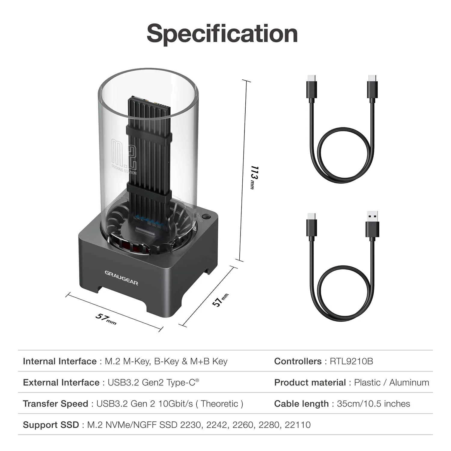 GRAUGEAR M.2 NVMe SATA SSD Enclosure Docking Station, USB 3.2 Gen 2 10Gbps External Docking Base with Cooling Fan, UASP Trim Support, M2 PCIe NGFF M Key B+M Key, RTL9210B Chip [G-M2DK-AC-10G] - Image 9