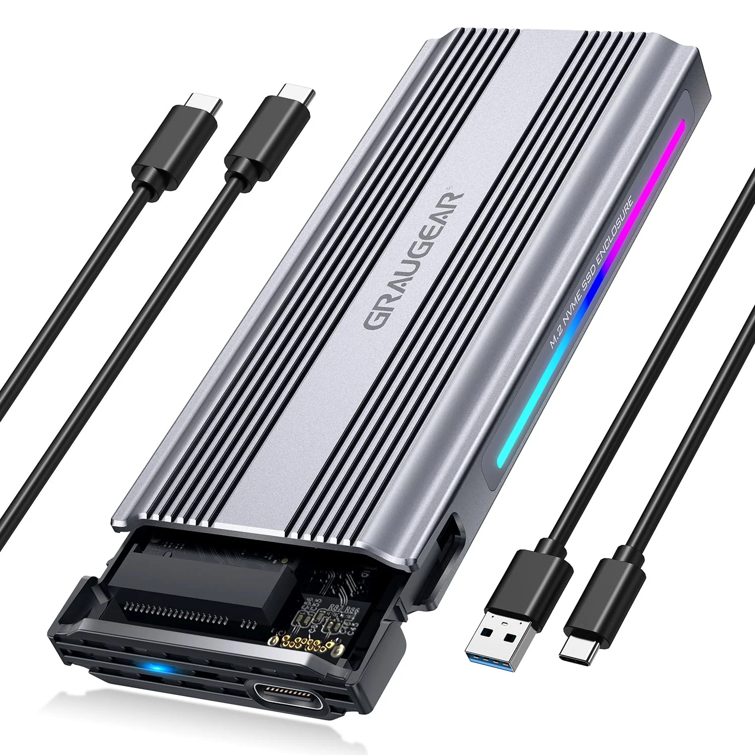 GRAUGEAR M.2 SSD NVMe Enclosure RGB, 10Gbps USB3.2 Gen2 Tool-Free Aluminum External M2 Solid State Drive NVMe Enclosure USB C, RTL9210 External Case for PCIe NVMe M-Key B+M Key [G-M901-AC-10G]