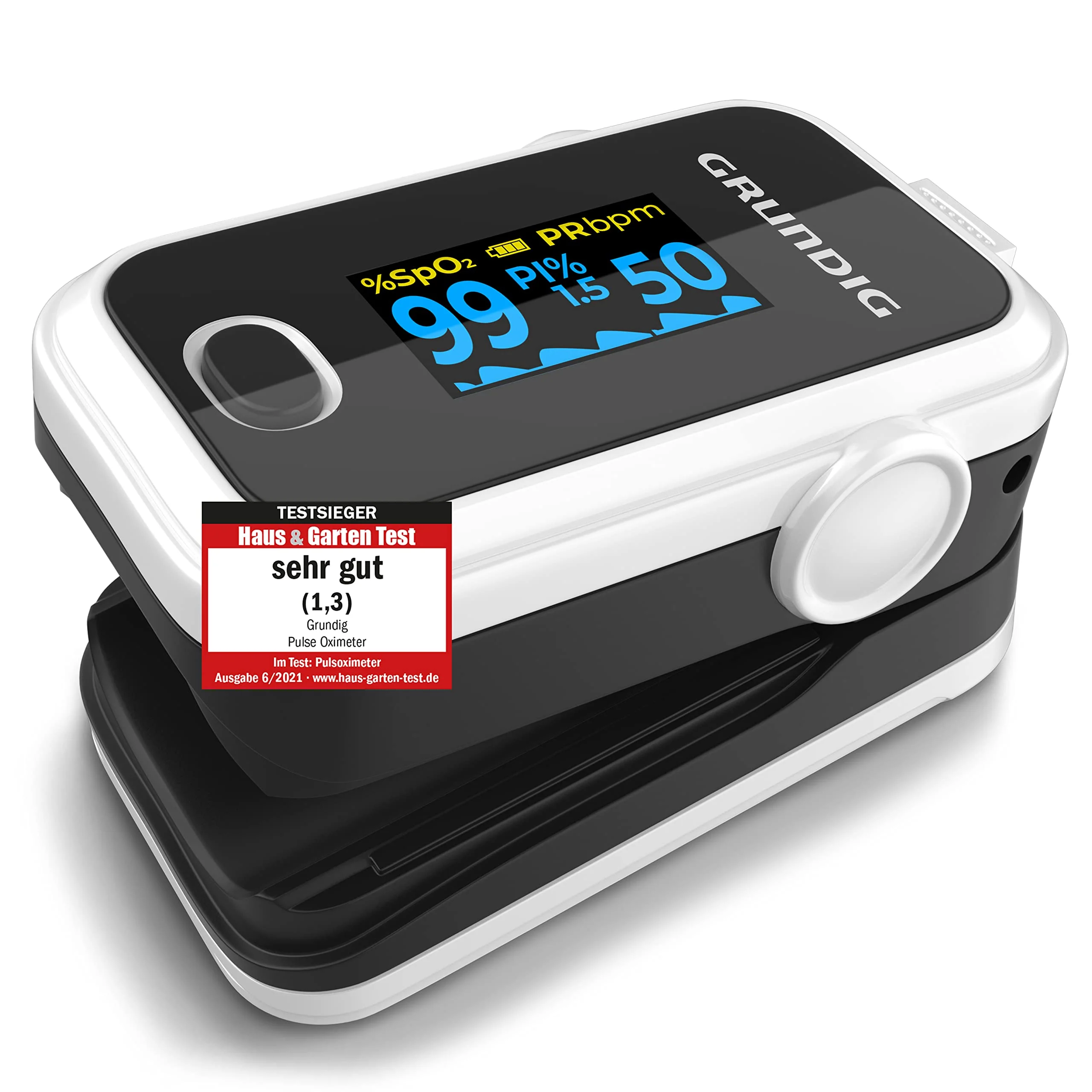 GRUNDIG Pulse Oximeter Oxygen Saturation Oximeter Test Winner - High Precision Finger Oximeter Meter for Accurate Measurement of Oxygen Saturation in the Blood - Finger Measuring Device Pulse Monitor White