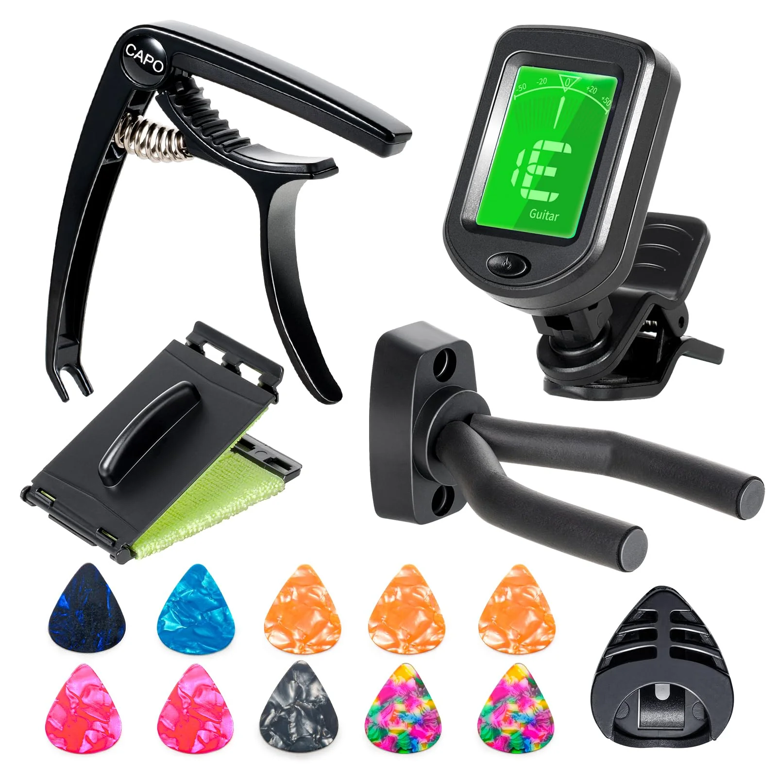 Guitar Accessories Kit - Capo, Tuner, Wall Mount Hanger, Picks, String Cleaner for Guitar, Violin, Bass, Ukulele