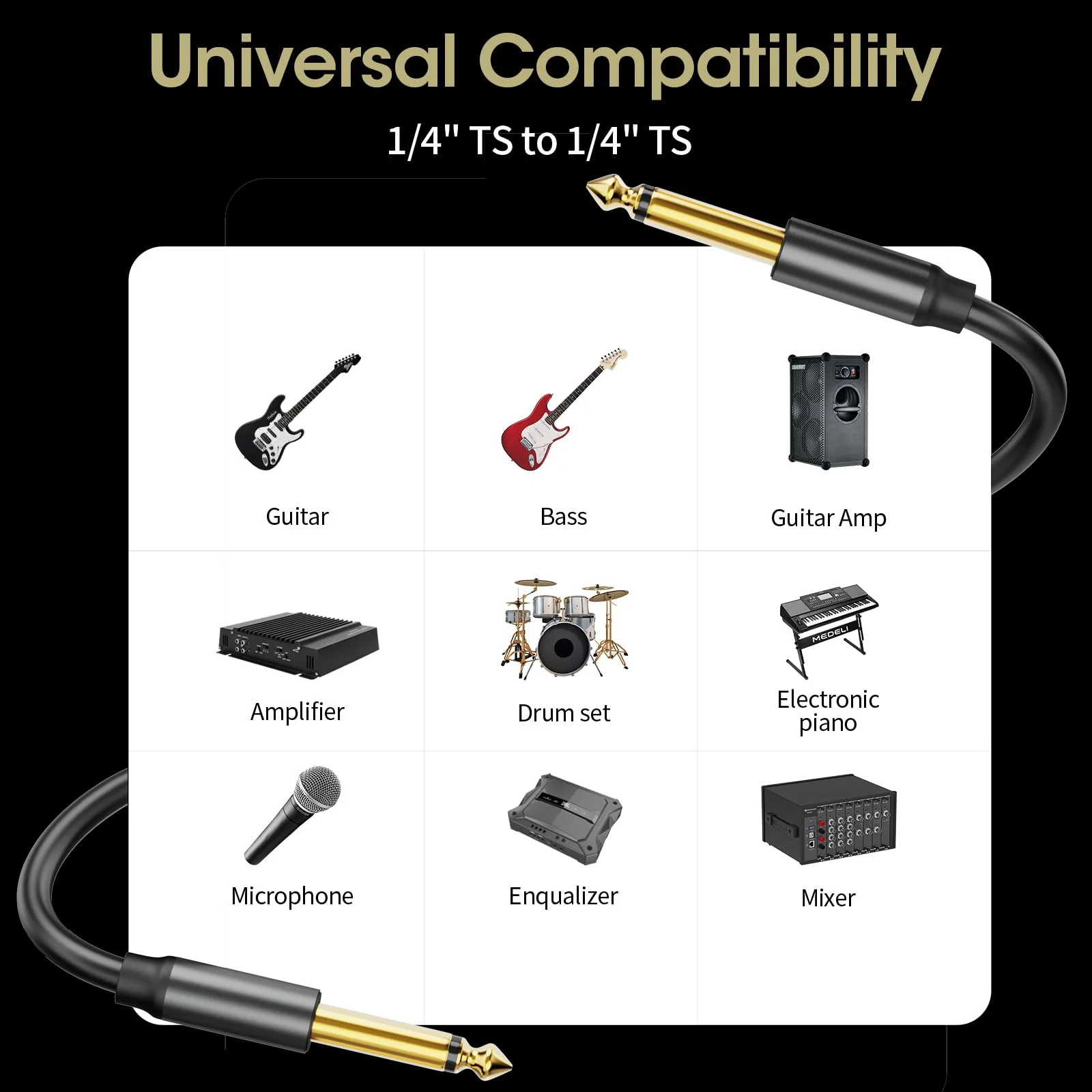 Guitar Cable 10Ft, 1/4 Inch Instrument Cable, Soft Durable Electric Guitar - AMP Cord for Bass, Amplifier, Pedals, Guitar Chord with Improved Tin Plated Copper Core,Noise Free Black 10 Ft. - Image 7