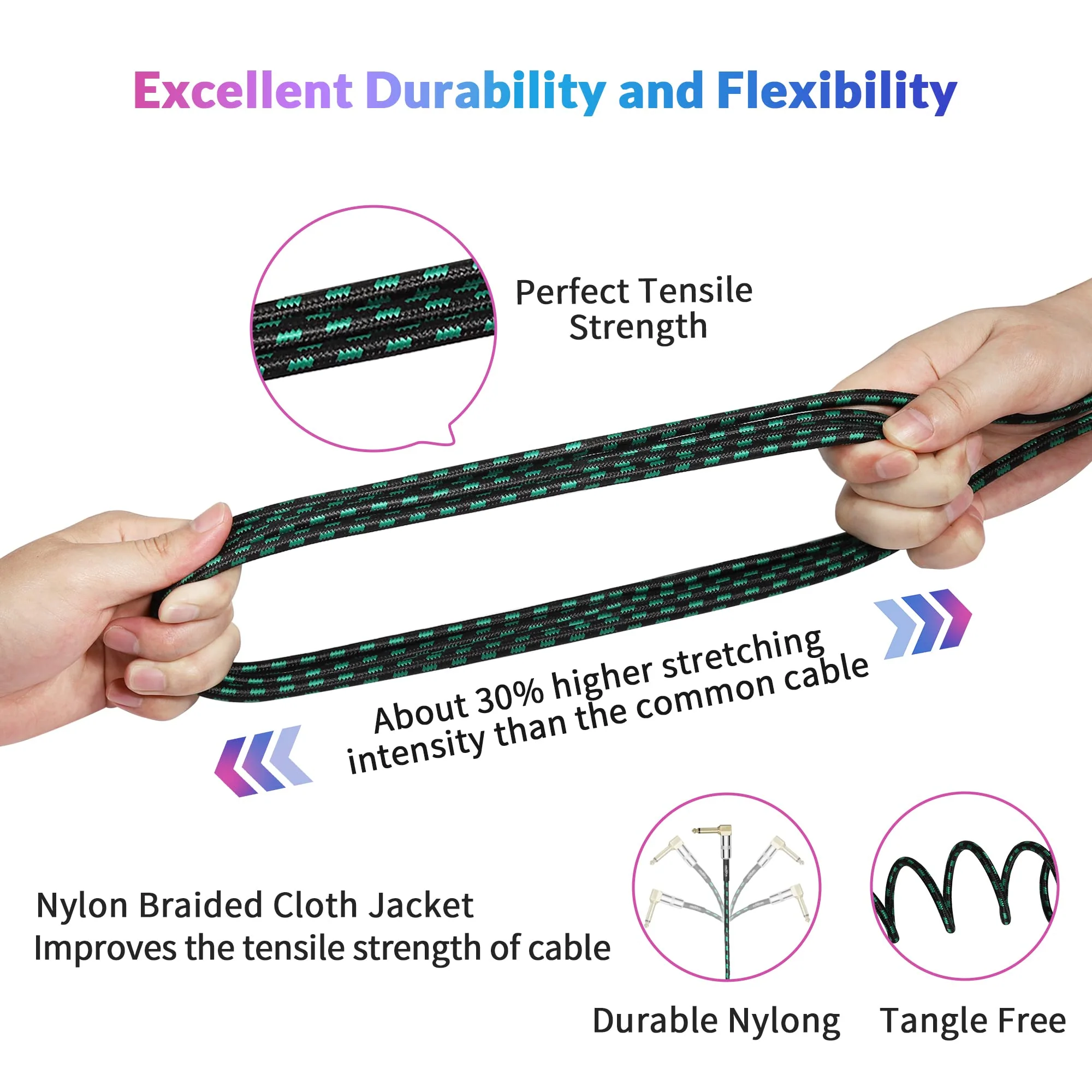 Guitar Cable 20 ft 2 Pack, Electric Instrument Bass Cable AMP Cord 1/4 Straight to Angled Dark Green Tweed 20ft Straight Angled Green Braided - Image 4