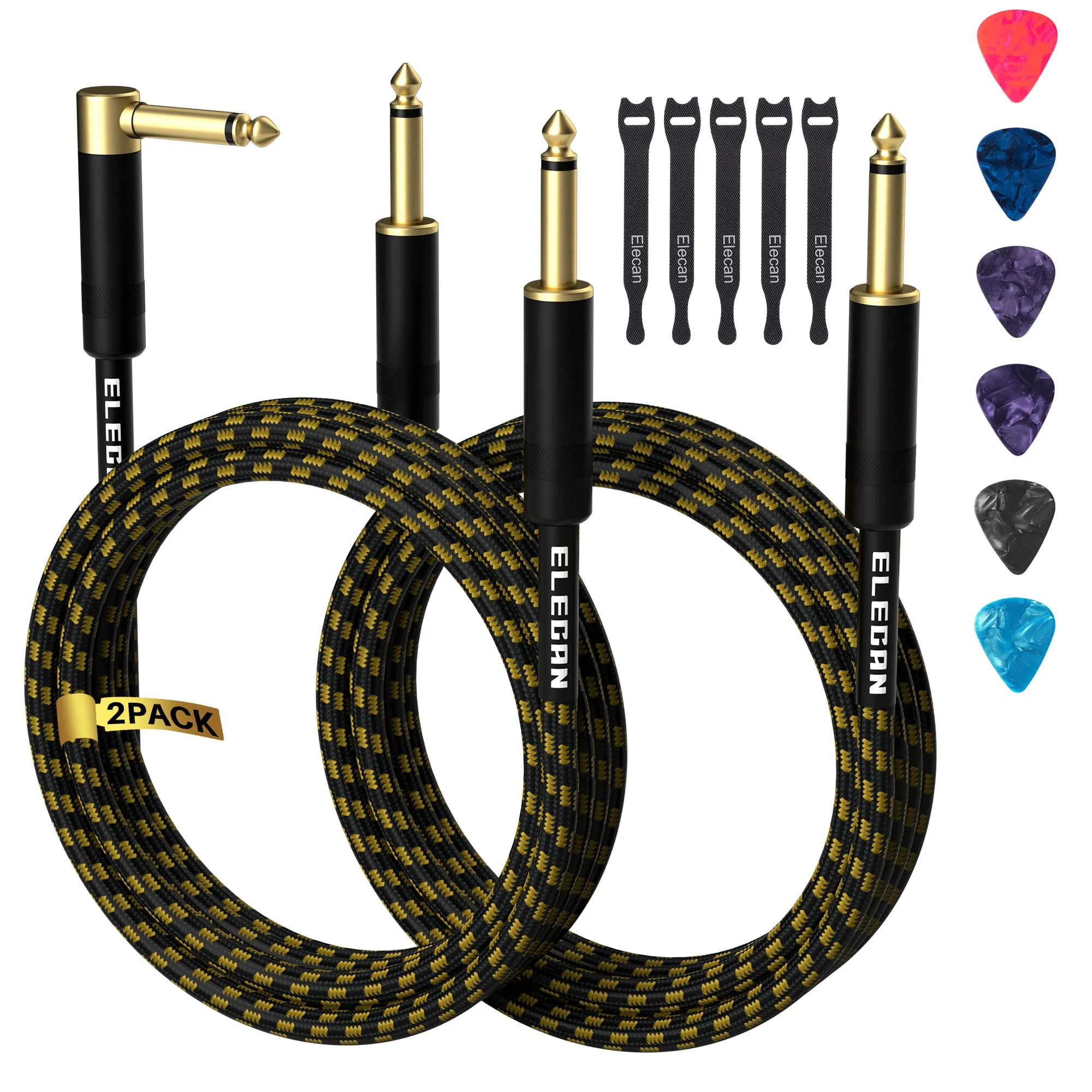 Guitar Cable 4 Feet/2 Pack-Right Angle+Straight to Straight Instrument Cable-Gold Plated Nylon Braided-90 Degree 1/4 Inch TS Electric Bass Guitar Cord Amp Cable 6.35mm Male with 6 Guitar Picks+5 Ties 4FT-2PK Angled to Straight + Straight to Straight