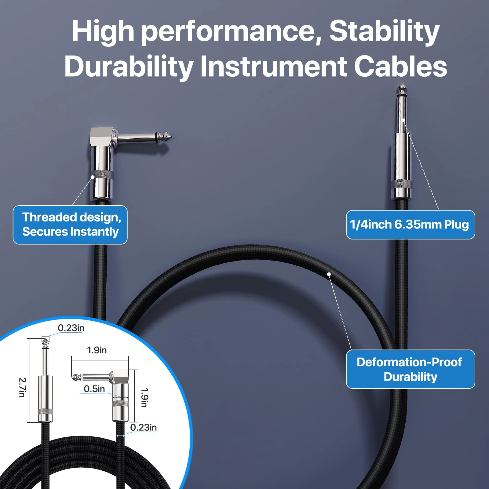 Guitar Cables 20FT, Amp Chord Electric Guitar Aux Amp Cord Braided, TS 1/4 Quarter Inch Straight to Right Angle Bass Instrument Cable Pro Audio (Black, 2Pack) 2 PACK - Image 3