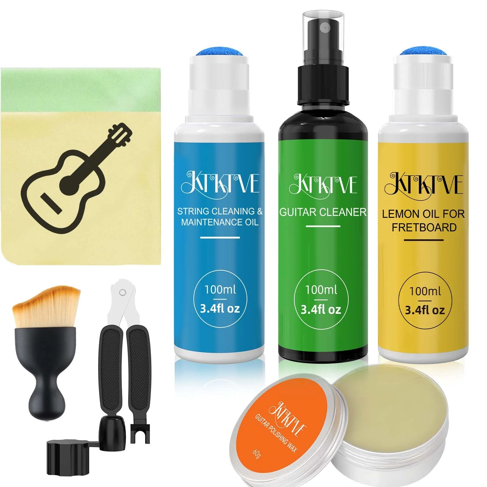 Guitar Cleaning Kit – 8-Pack Complete Care Set with Innovative Sponge Applicator | Guitar Cleaner, Lemon Oil(fretboard oil), Polish Wax, String Cleaner, Winder, Brush & Microfiber Cloth Sponge Tip