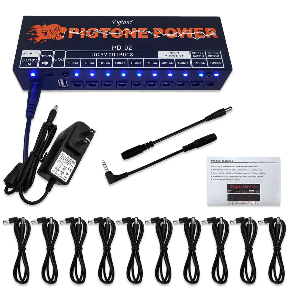 Guitar Effect Pedal 10 DC Outputs Power Supply for 9V 12V 18V Effects Pedals with USB (5V2A) PD-02