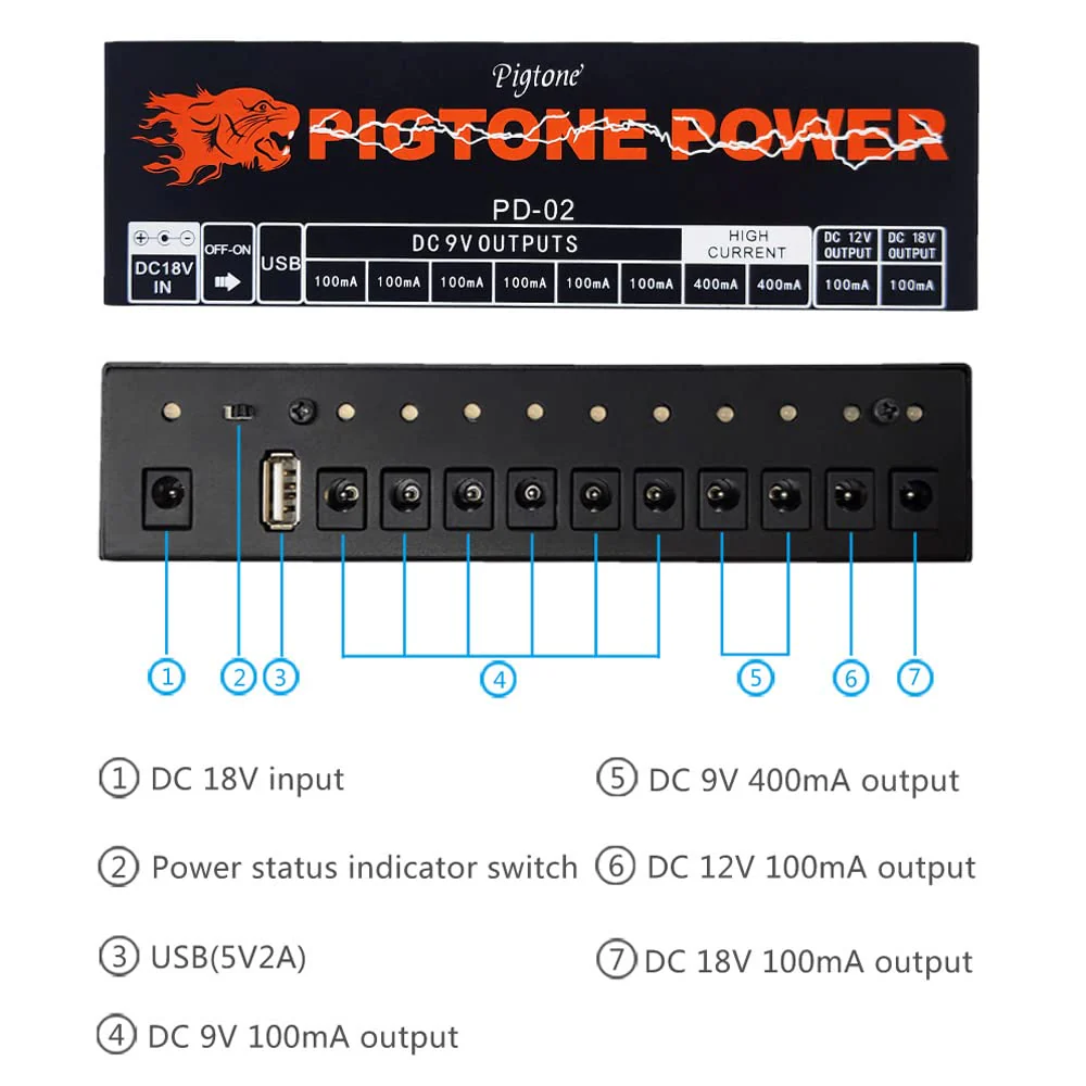 Guitar Effect Pedal 10 DC Outputs Power Supply for 9V 12V 18V Effects Pedals with USB (5V2A) PD-02 - Image 6