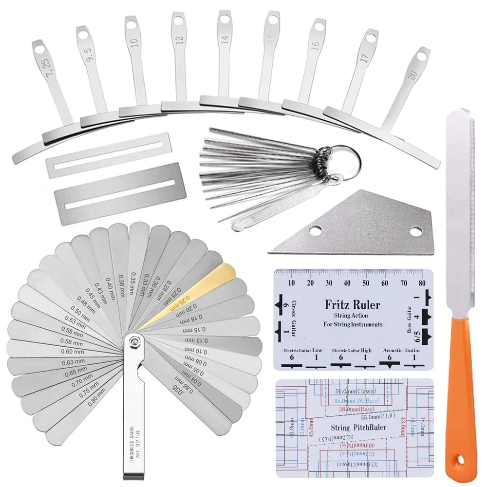 Guitar Luthier Tool Set,Including Fret Crowning File,Guitar Radius Gauge,String Action Ruler Gauge,Blades Feeler Gauge,Needle File,Fingerboard Guards for Guitar and Bass Setup