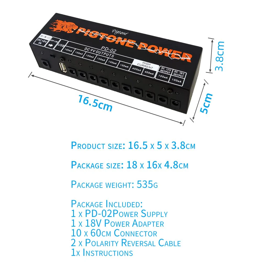 Guitar Pedal Power Supply 10 Isolated DC Outputs for 9V/12V/18V Effect Pedal with USB Port PD-02 - Image 6