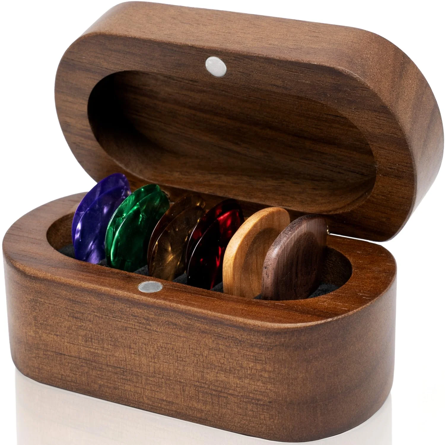 Guitar Pick Holder Set with 2 Color Wood Picks and 8 Celluloid Picks in 3 Thicknesses, Wooden Guitar Pick Case, Mini Jewelry Box, Guitar Music Accessories Gifts for Guitar Lover Player