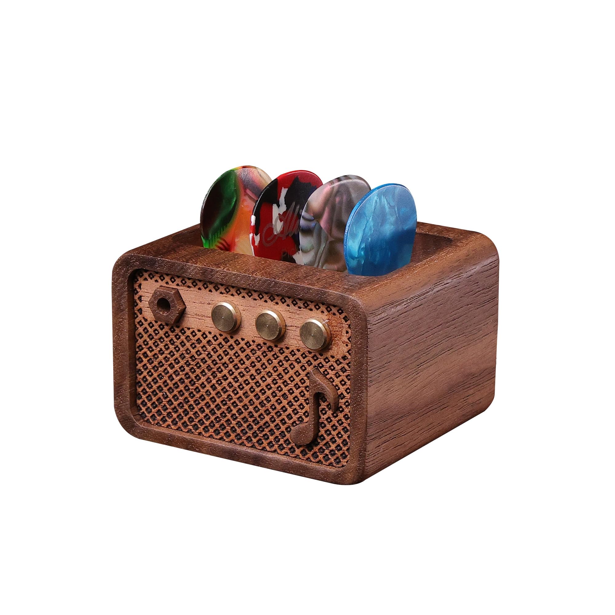 Guitar Pick Holder, Walnut Wood Electric Guitar Amp Styled Pick Holder for Picks Storage and Display, Gift for Guitar Players Guitarists Style Walnut