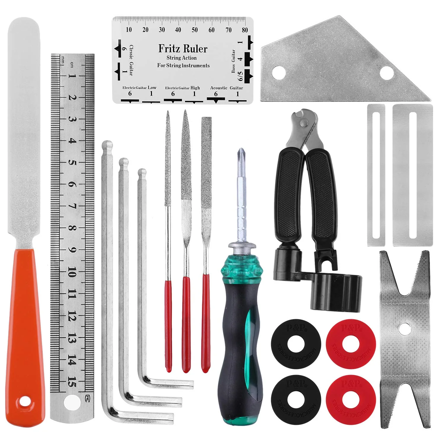 Guitar Repair Tools 20PCs Guitar Tool with String Organizer Guitar Winder String Cutter String Action Ruler Gauge Fingaorad Guard Fret Files - Image 2