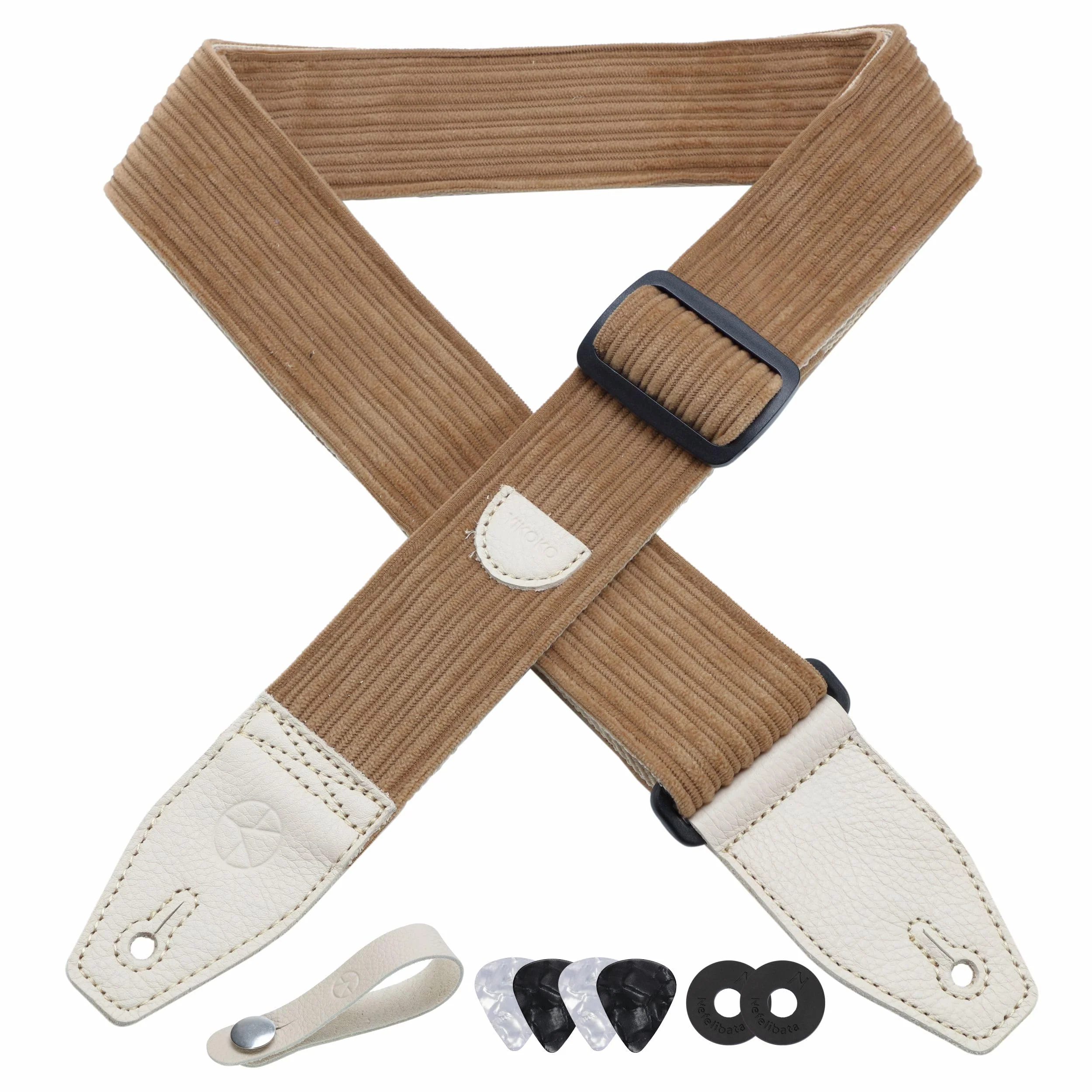 Guitar Strap 2 inch Corduroy Guitar Straps with Full Grain Leather End, for Bass Electric and Acoustic Guitars, Free Strap Button, 2 Strap Locks and 4 Guitar Picks Corduroy Series Light Camel