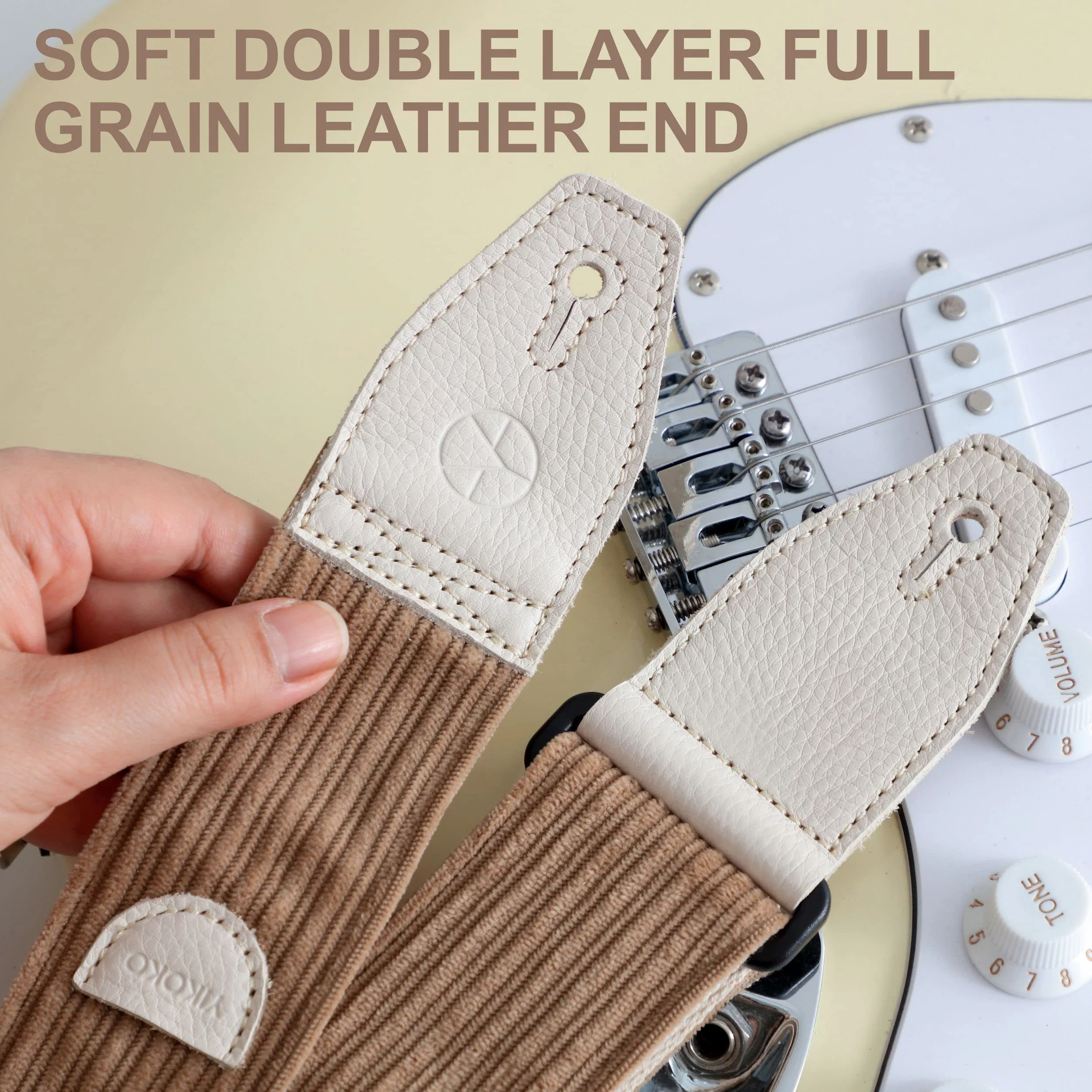 Guitar Strap 2 inch Corduroy Guitar Straps with Full Grain Leather End, for Bass Electric and Acoustic Guitars, Free Strap Button, 2 Strap Locks and 4 Guitar Picks Corduroy Series Light Camel - Image 2