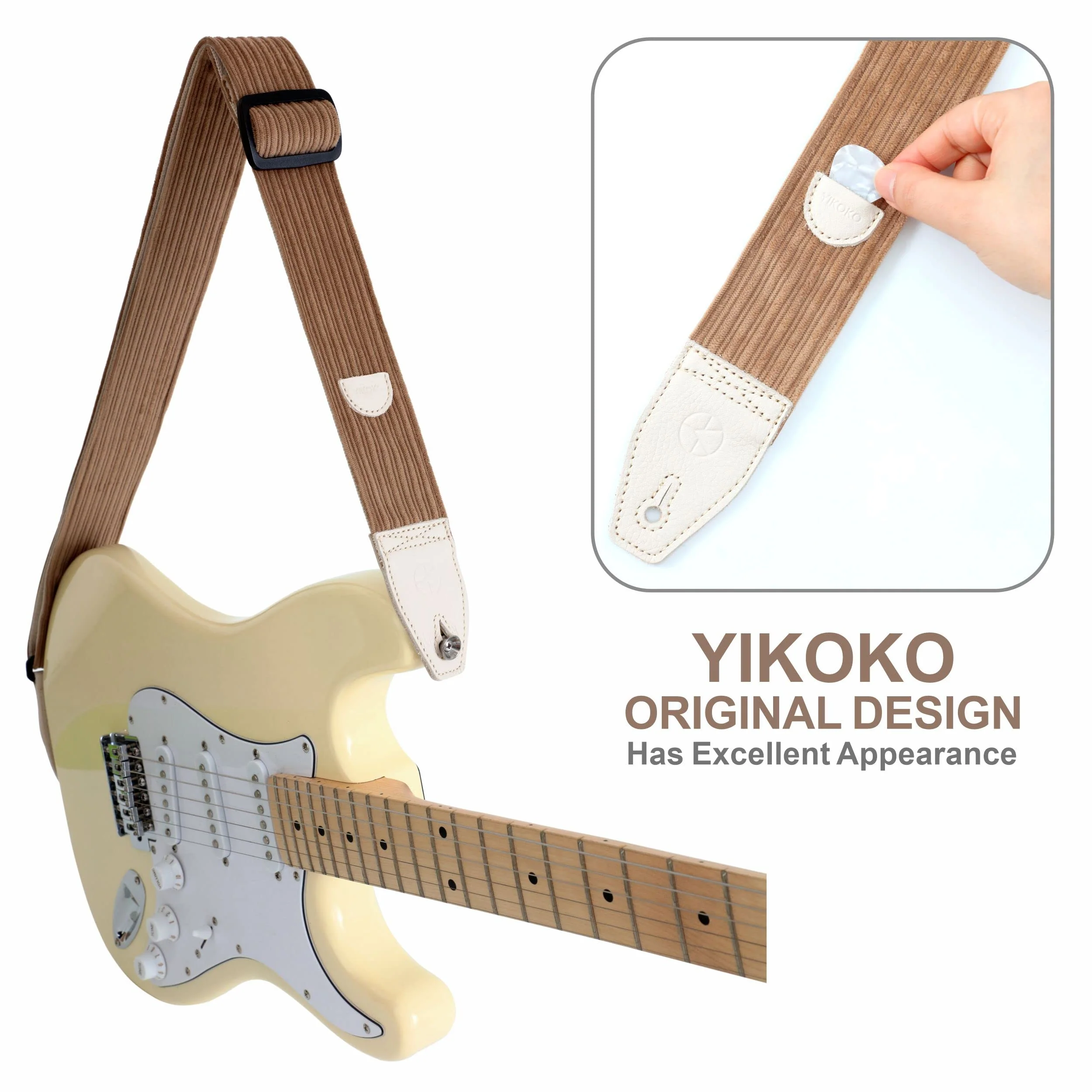 Guitar Strap 2 inch Corduroy Guitar Straps with Full Grain Leather End, for Bass Electric and Acoustic Guitars, Free Strap Button, 2 Strap Locks and 4 Guitar Picks Corduroy Series Light Camel - Image 3