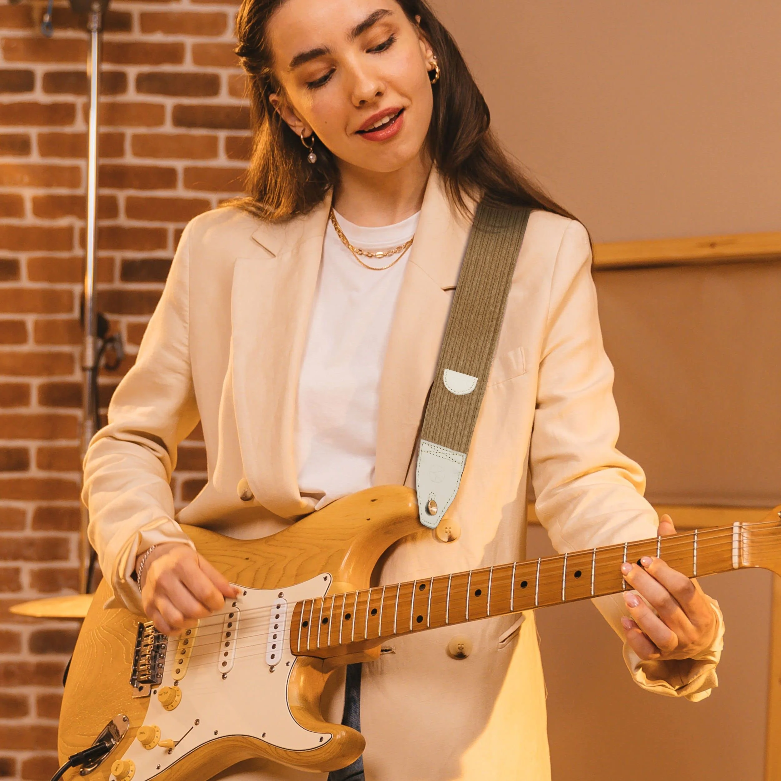 Guitar Strap 2 inch Corduroy Guitar Straps with Full Grain Leather End, for Bass Electric and Acoustic Guitars, Free Strap Button, 2 Strap Locks and 4 Guitar Picks Corduroy Series Light Camel - Image 4