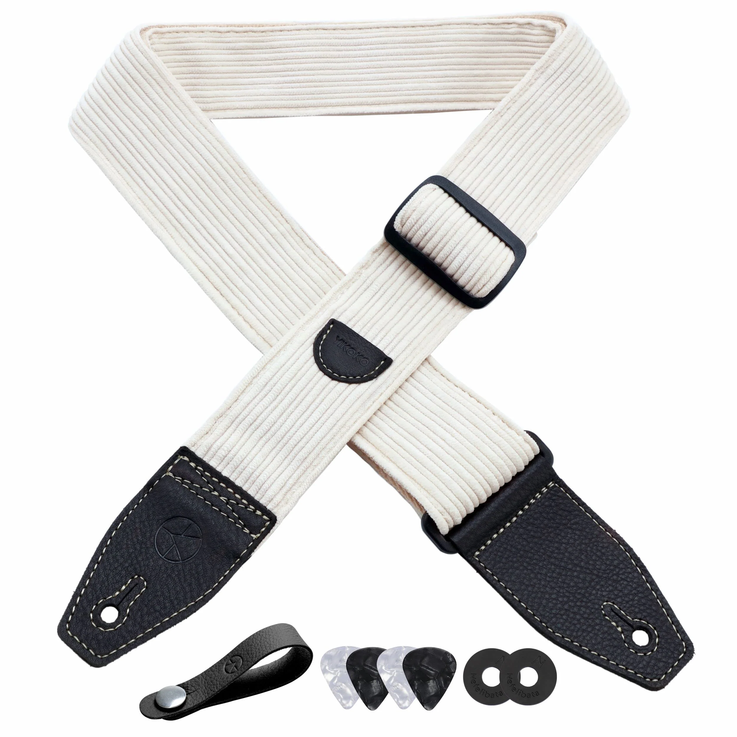 Guitar Strap 2 inch Corduroy Guitar Straps with Full Grain Leather End, for Bass Electric and Acoustic Guitars, Free Strap Button, 2 Strap Locks and 4 Guitar Picks Corduroy Series White
