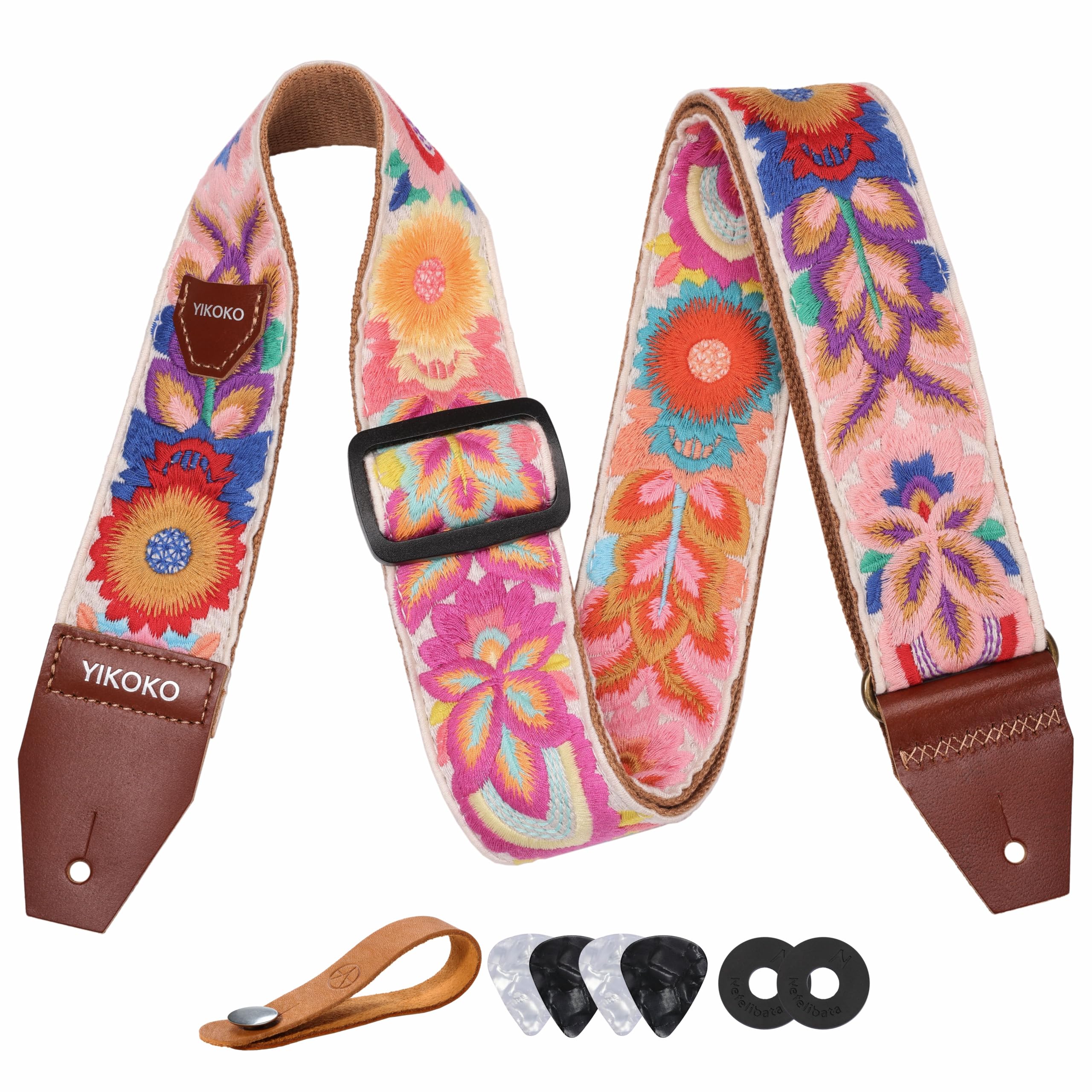 Guitar Strap，2 inch Flower Knit Cotton Guitar Straps with Full Grain Leather End, for Bass Electric and Acoustic Guitars, Free Strap Button, 2 Strap Locks and 4 Guitar Picks Colorful Flower 03