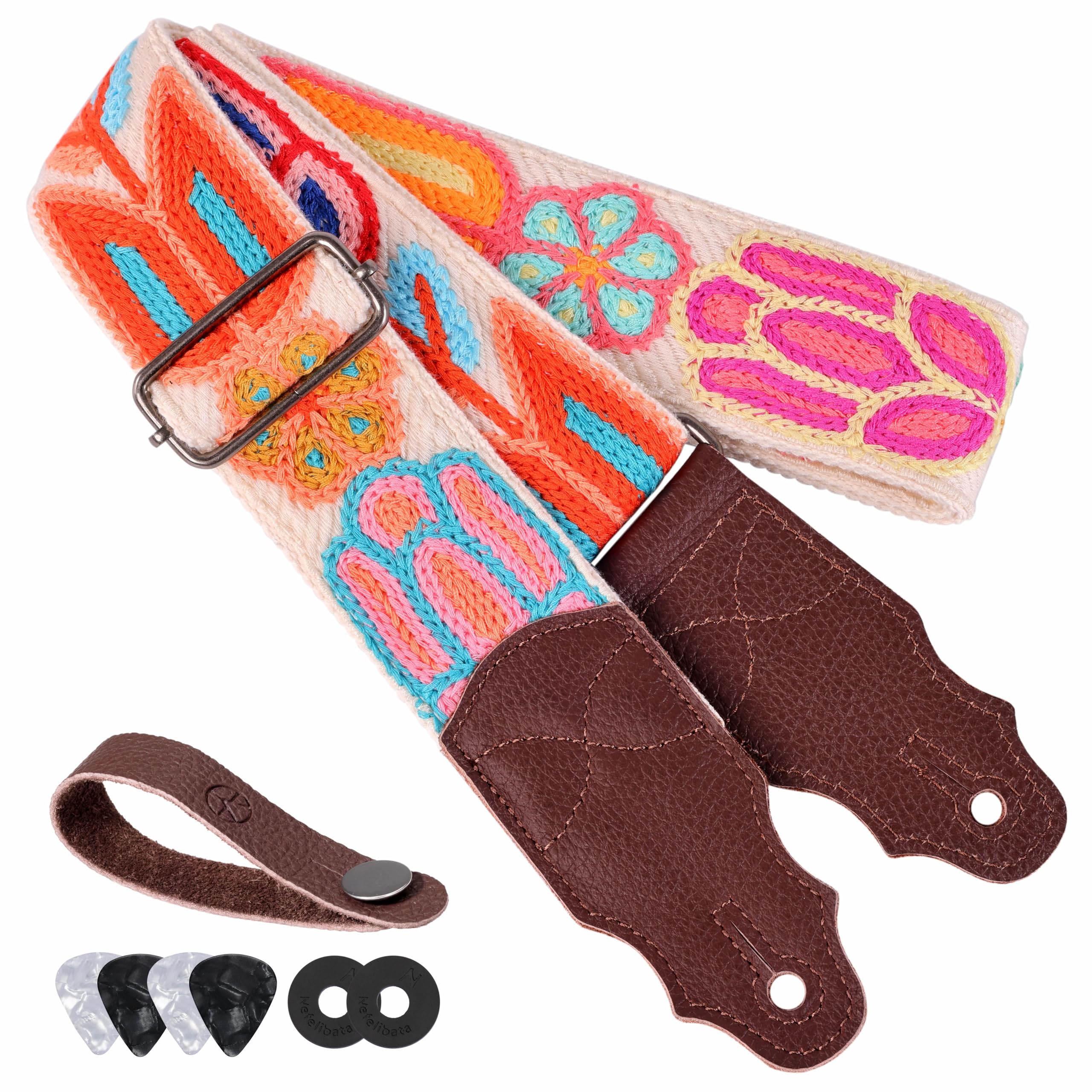 Guitar Strap 2", Soft Woolen Knit, Cowhide Leather End, for Acoustic and Bass Electric Guitars, Free Button, 2 Strap Locks and 4 Guitar Picks Animated Flower-1
