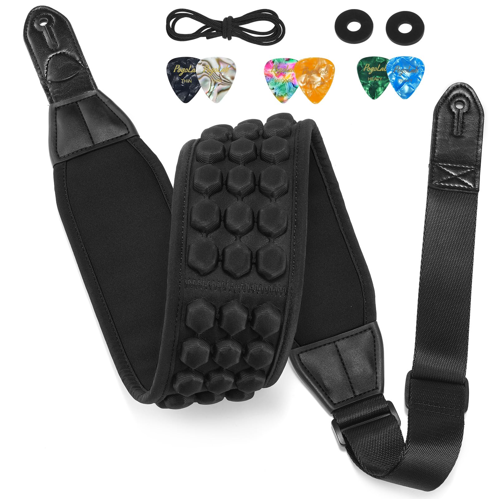 Guitar Strap, 3.5" Wide Air Cell Cushions Neoprene Padded Comfortable Bass Strap, with Strap Picks, for Bass Guitar Black Regular (47"-55")
