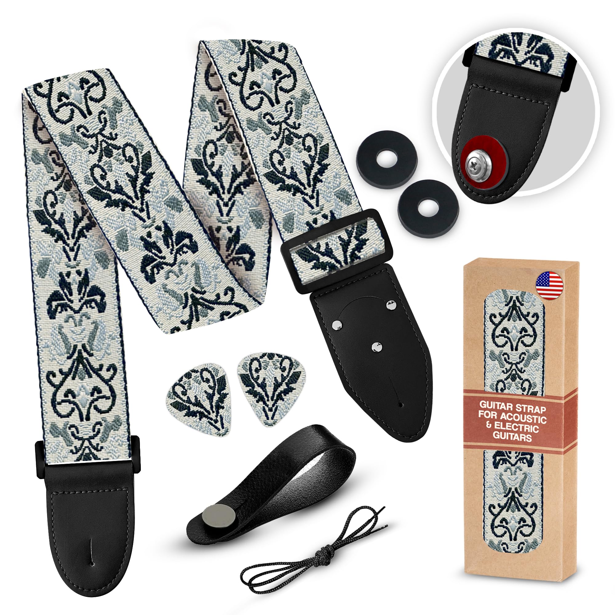 Guitar Strap For Acoustic, Electric and Bass Guitars, Adjustable Strap Includes 2 Strap Locks To Keep It Safe & 2 Unique Picks and Pick Pocket, Best Gift for Men & Women